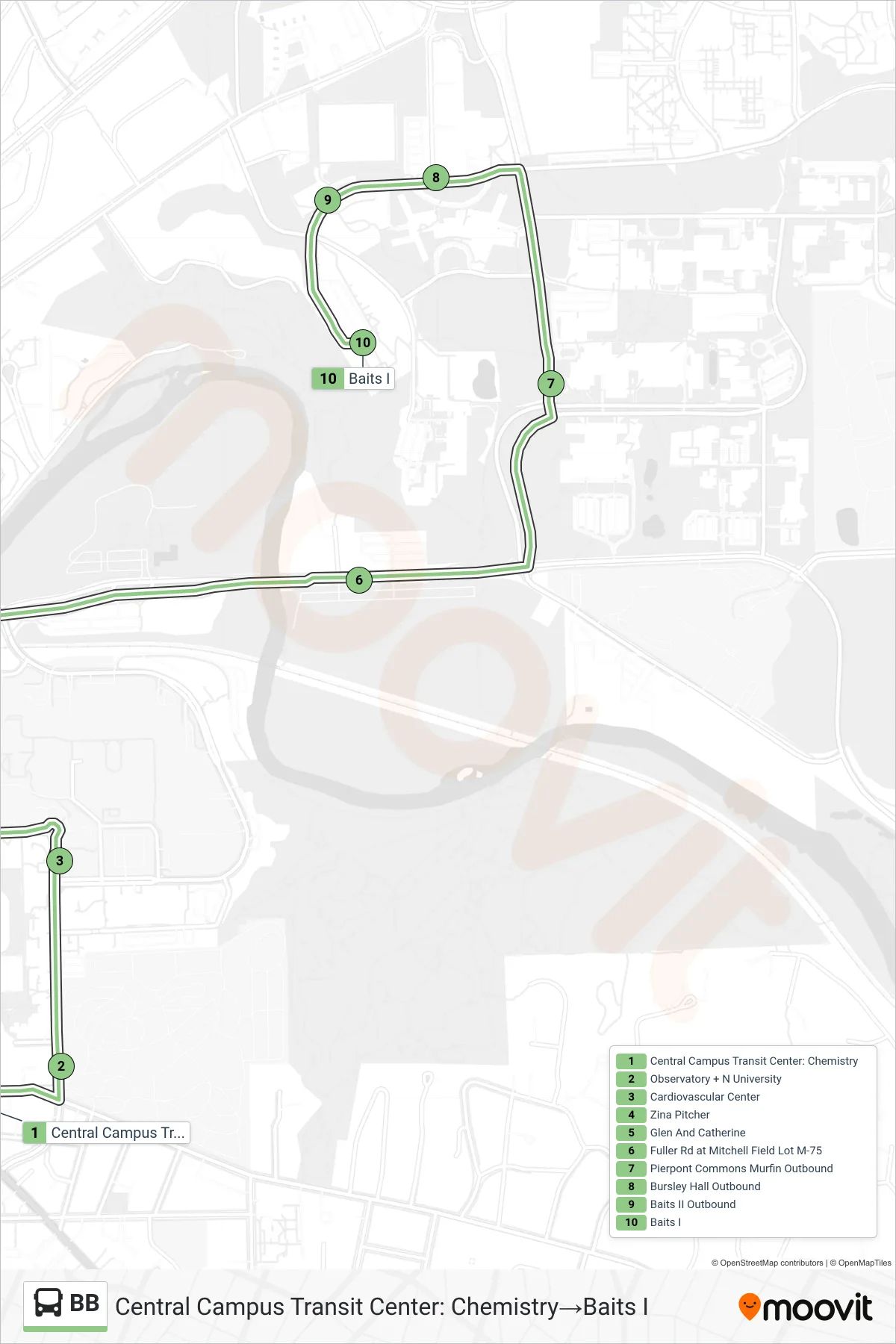 BB bus Line (Central Campus Transit Center: Chemistry→Baits I) route and stops on a map