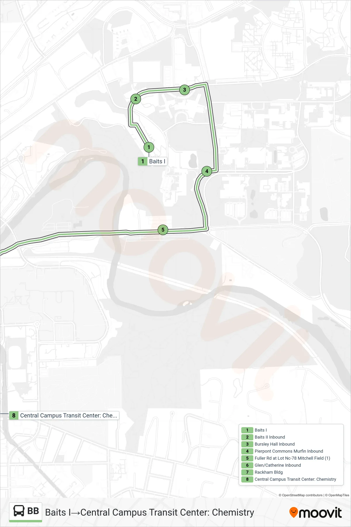 BB bus Line (Baits I→Central Campus Transit Center: Chemistry) route and stops on a map
