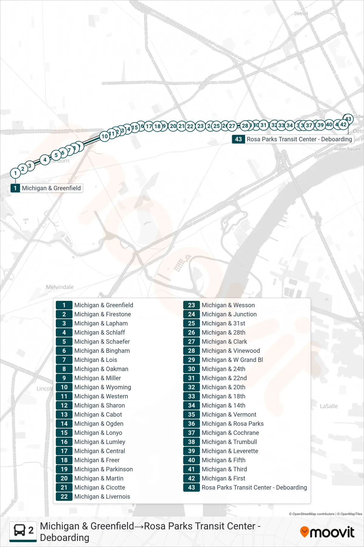 2 bus Line (Michigan & Greenfield→Rosa Parks Transit Center - Deboarding) route and stops on a map