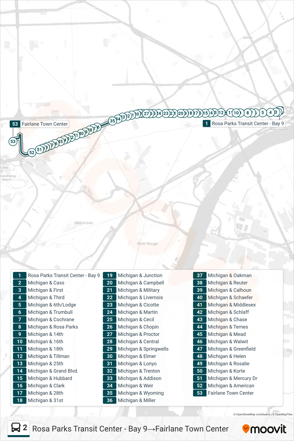 2 bus Line (Rosa Parks Transit Center - Bay 9→Fairlane Town Center) route and stops on a map