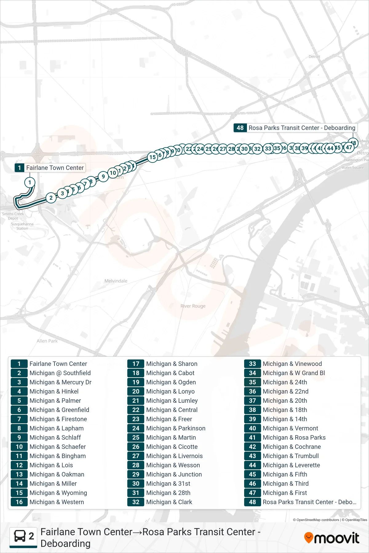 2 bus Line (Fairlane Town Center→Rosa Parks Transit Center - Deboarding) route and stops on a map