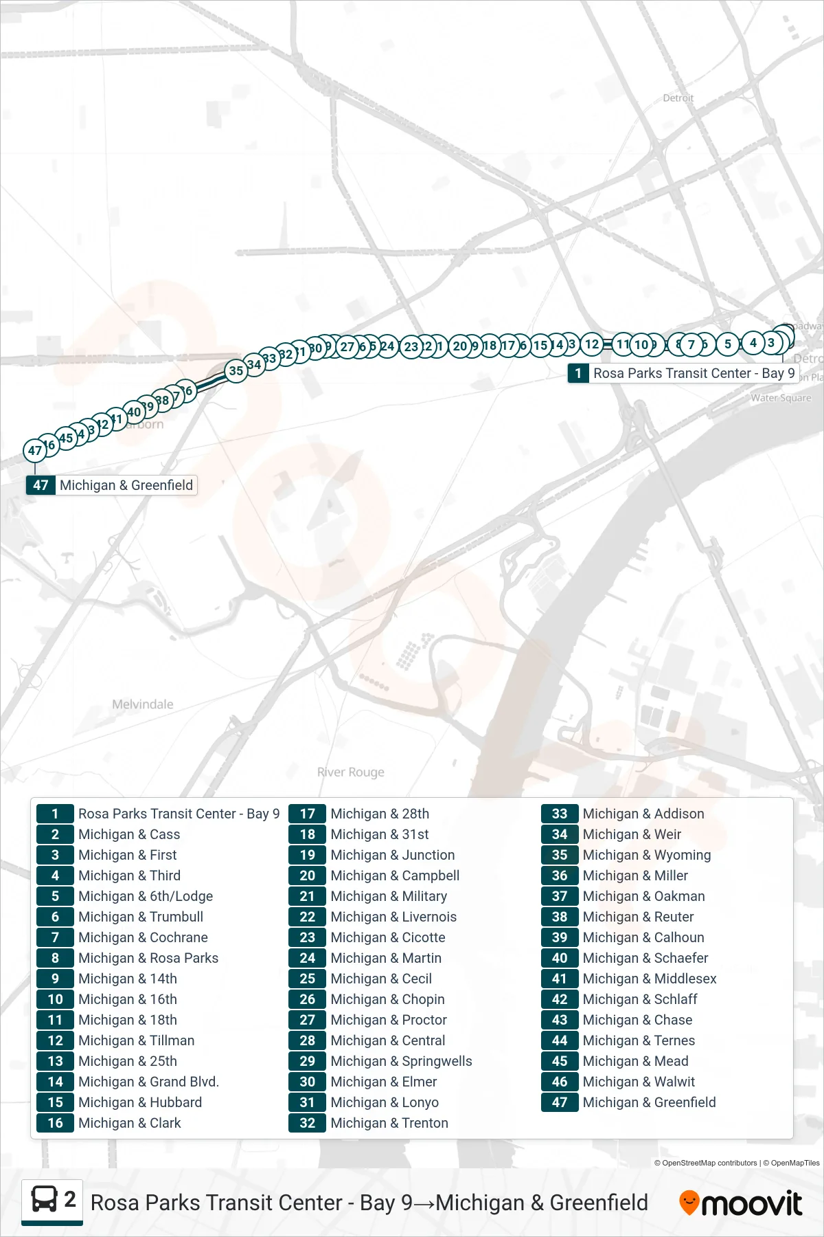 2 bus Line (Rosa Parks Transit Center - Bay 9‎→Michigan & Greenfield) route and stops on a map