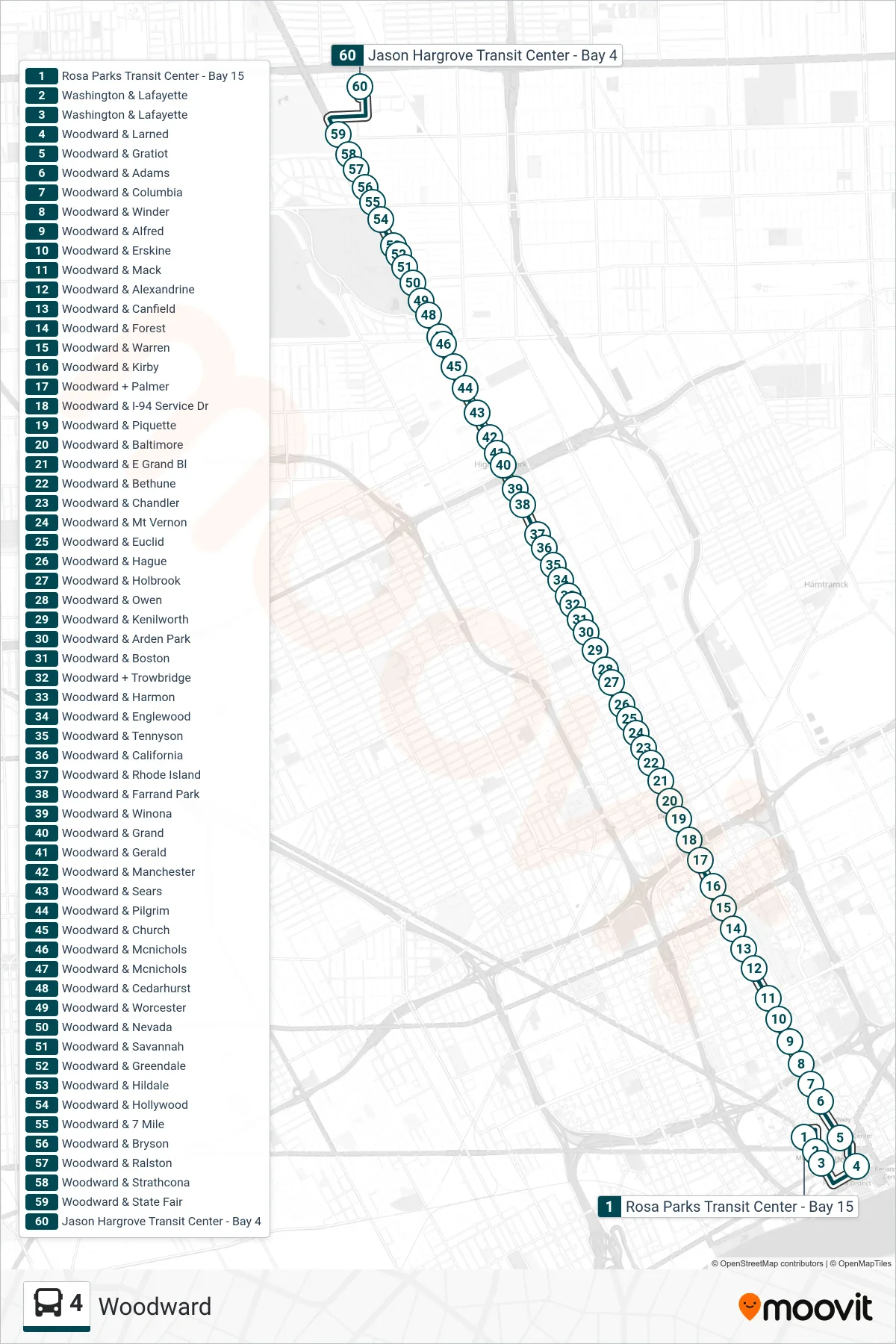 4 bus Line (Rosa Parks Transit Center - Bay 15→Jason Hargrove Transit Center - Bay 4) route and stops on a map