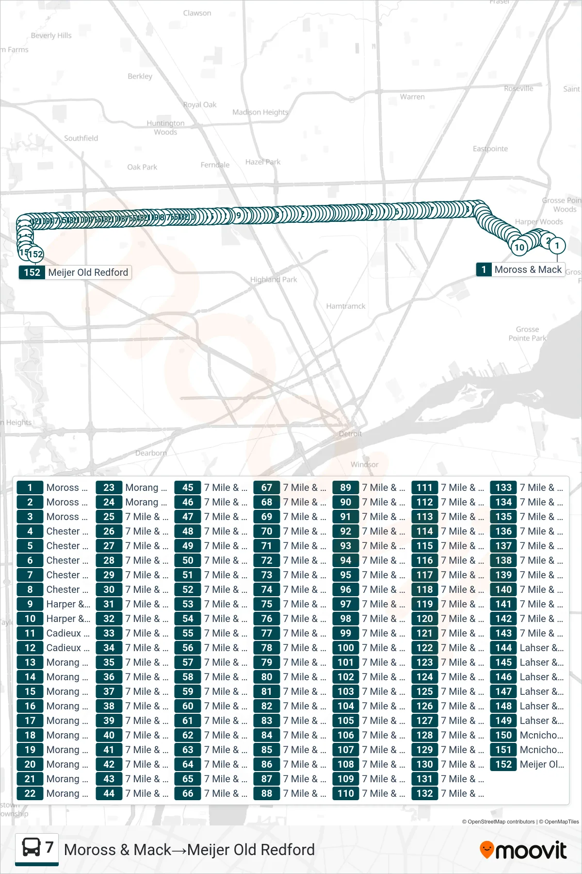 7 bus Line (Moross & Mack→Meijer Old Redford) route and stops on a map