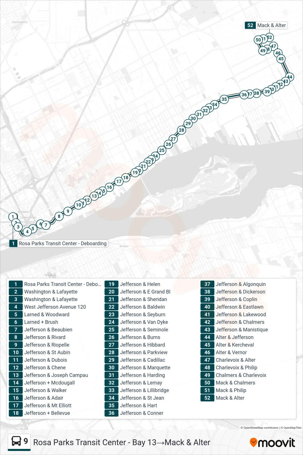 9 bus Line (Rosa Parks Transit Center - Bay 13‎→Mack & Alter) route and stops on a map