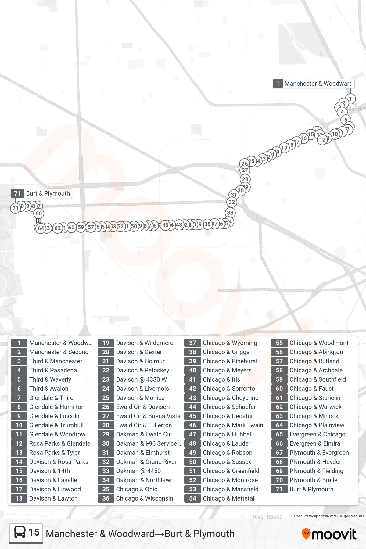 15 bus Line (Manchester & Woodward‎→Burt & Plymouth) route and stops on a map
