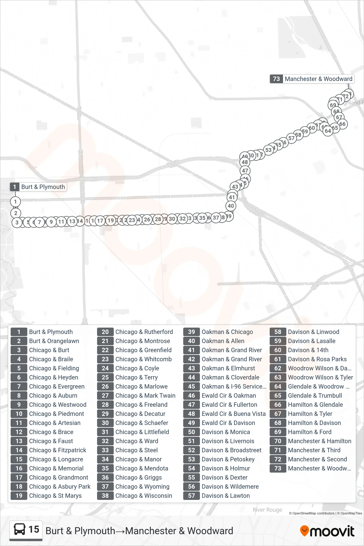 15 bus Line (Burt & Plymouth→Manchester & Woodward) route and stops on a map