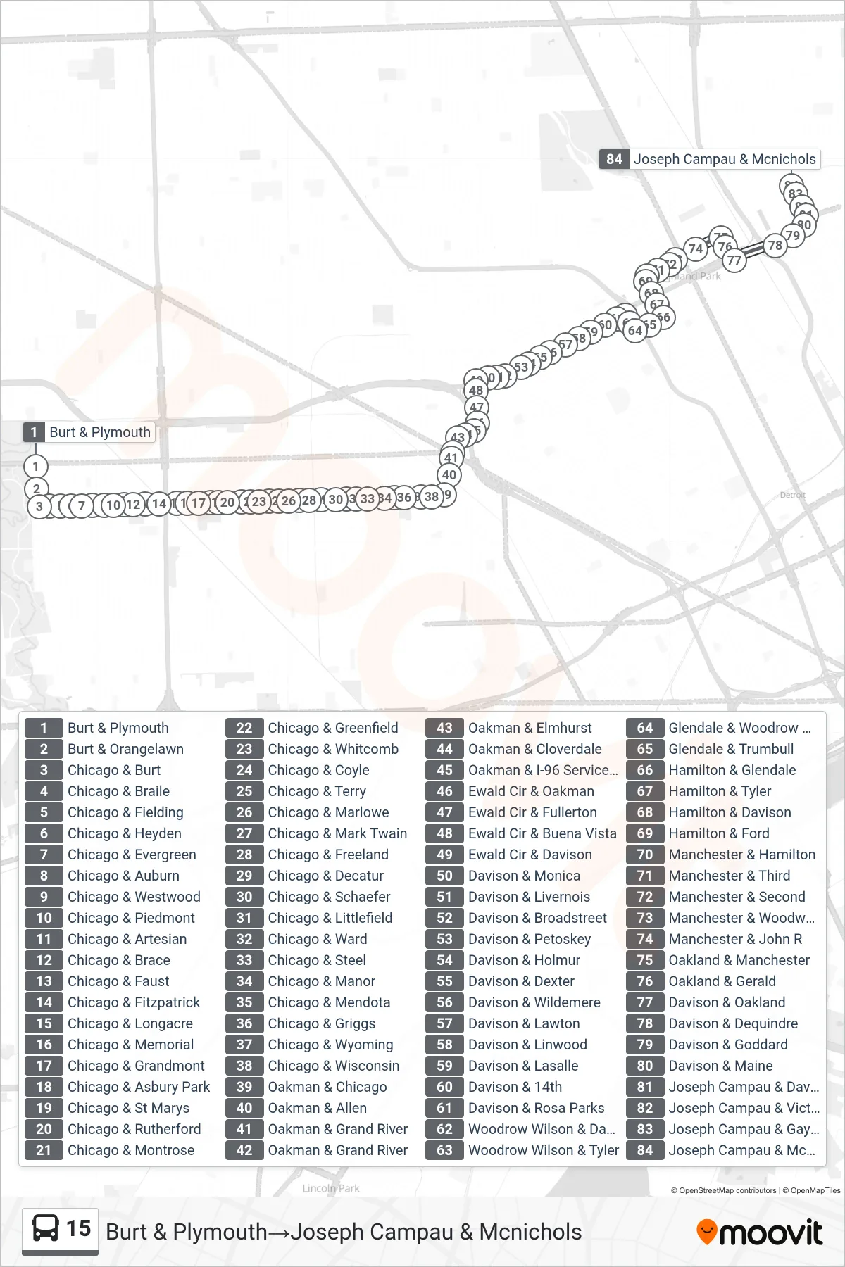 15 bus Line (Burt & Plymouth‎→Joseph Campau & Mcnichols) route and stops on a map
