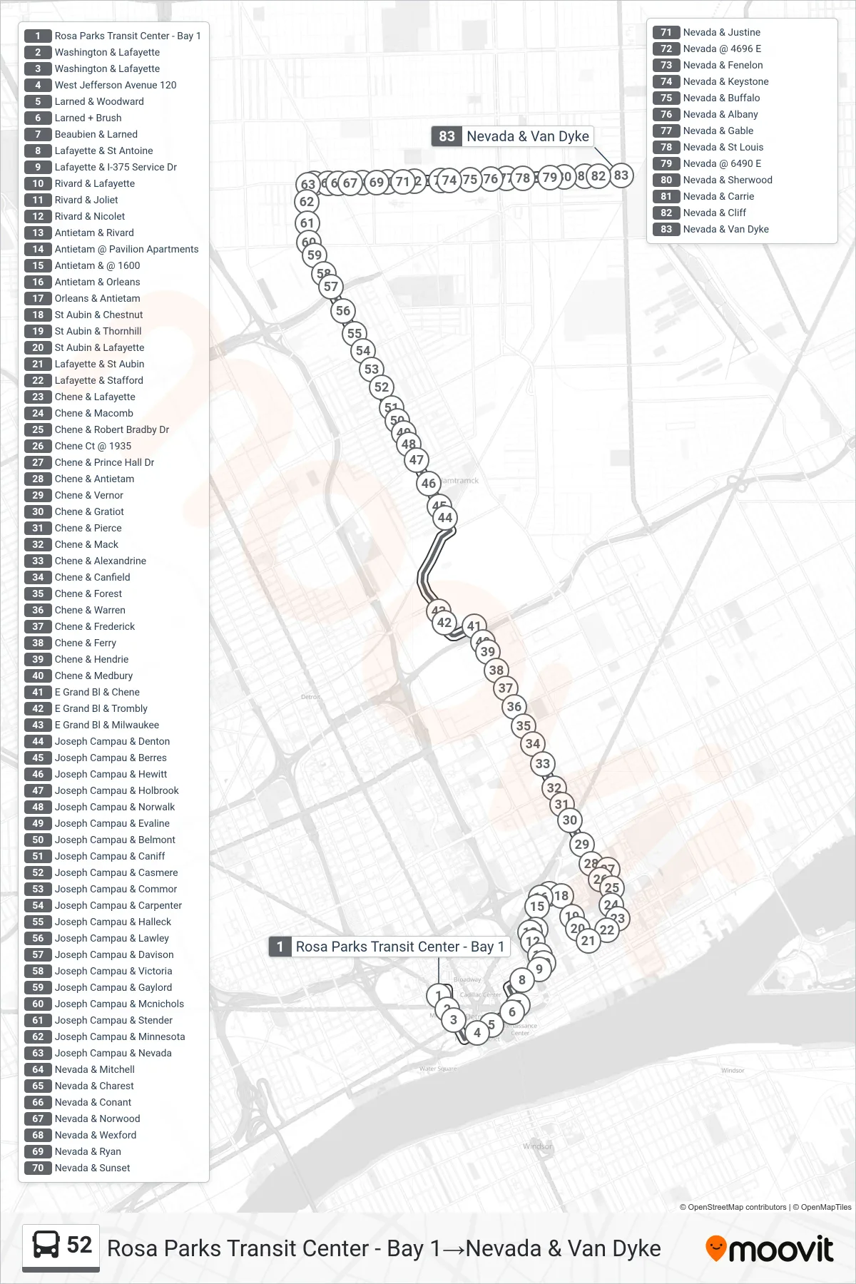 52 bus Line (Rosa Parks Transit Center - Bay 1→Nevada & Van Dyke) route and stops on a map