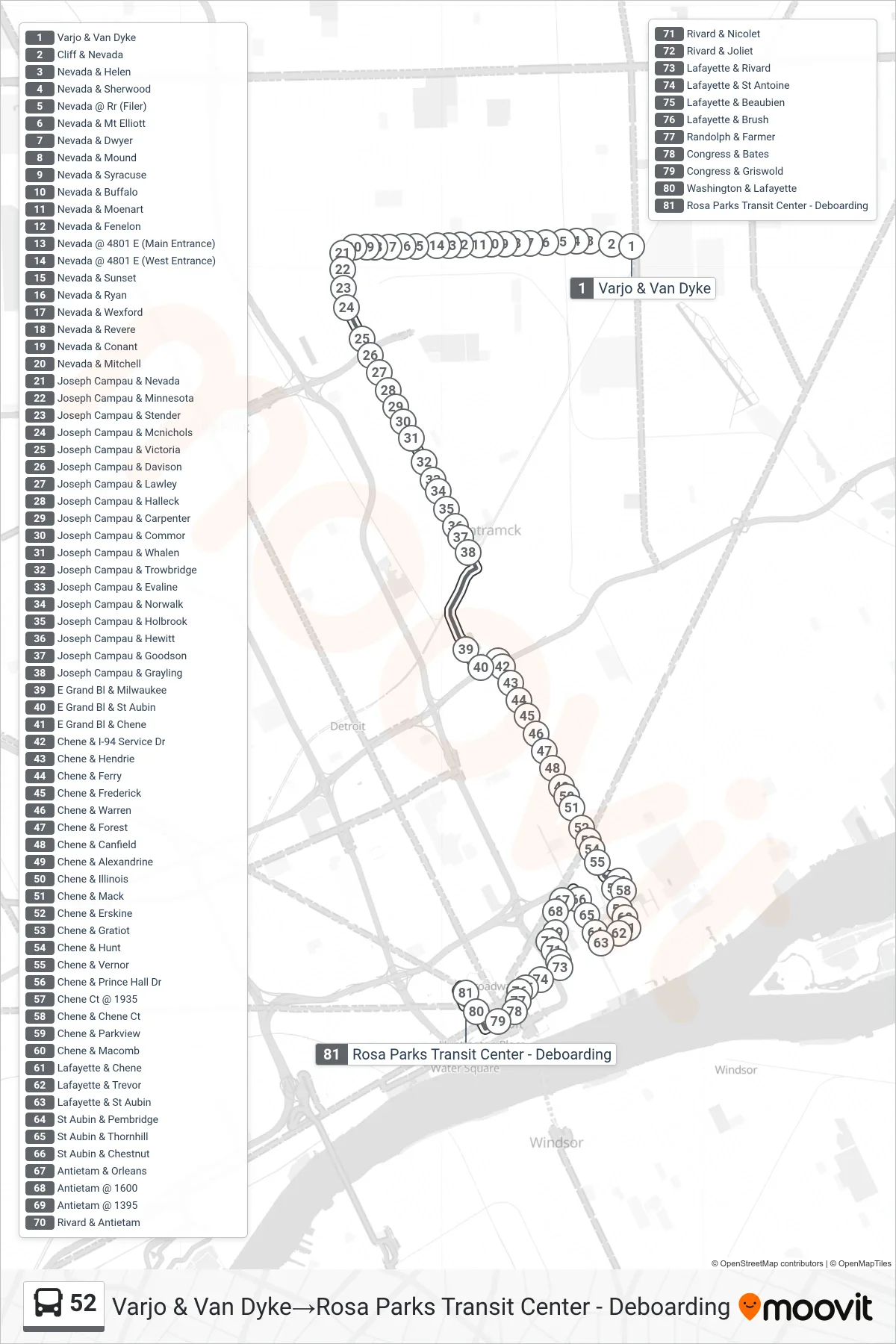 52 bus Line (Varjo & Van Dyke→Rosa Parks Transit Center - Deboarding) route and stops on a map