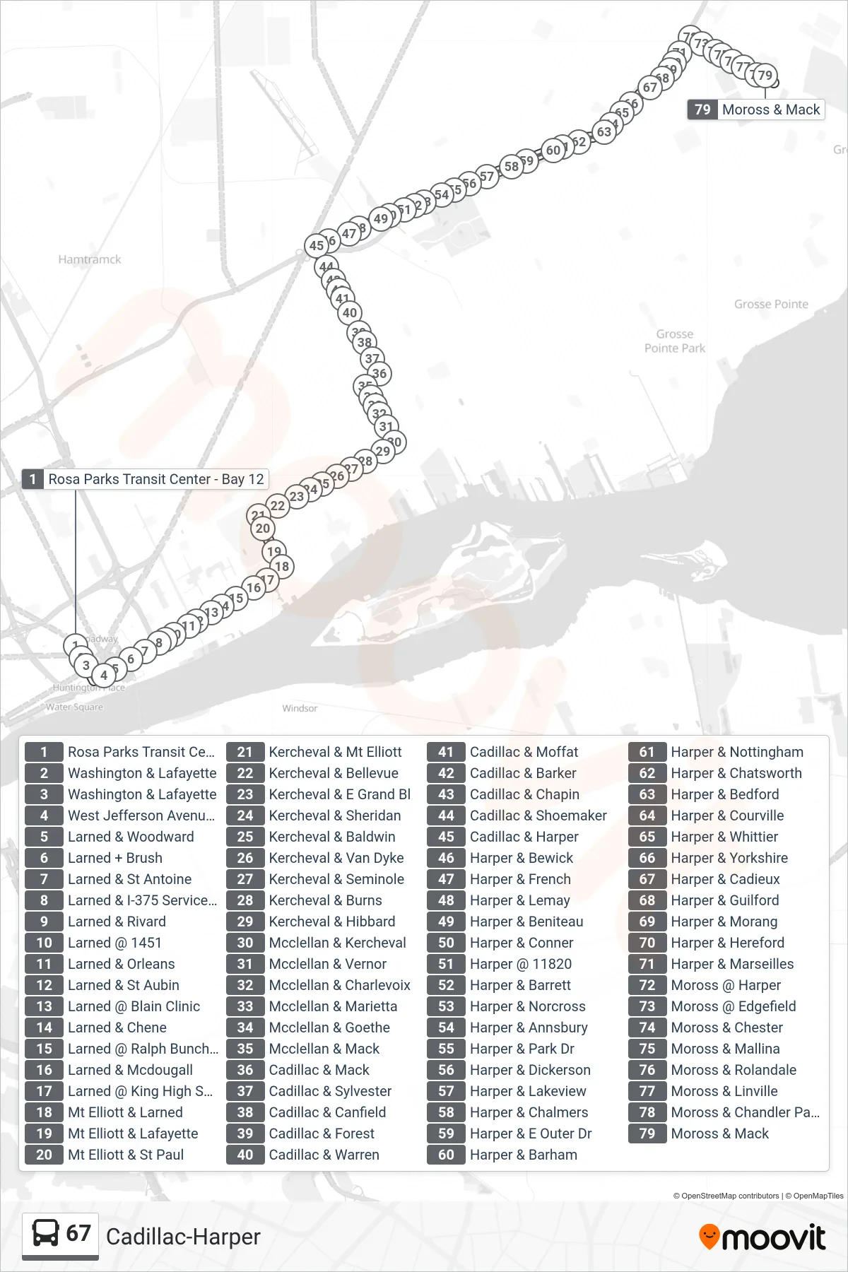 67 bus Line (Rosa Parks Transit Center - Bay 12‎→Moross & Mack) route and stops on a map