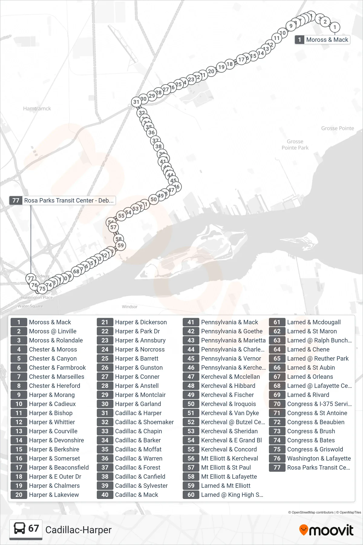 67 bus Line (Moross & Mack‎→Rosa Parks Transit Center - Deboarding) route and stops on a map