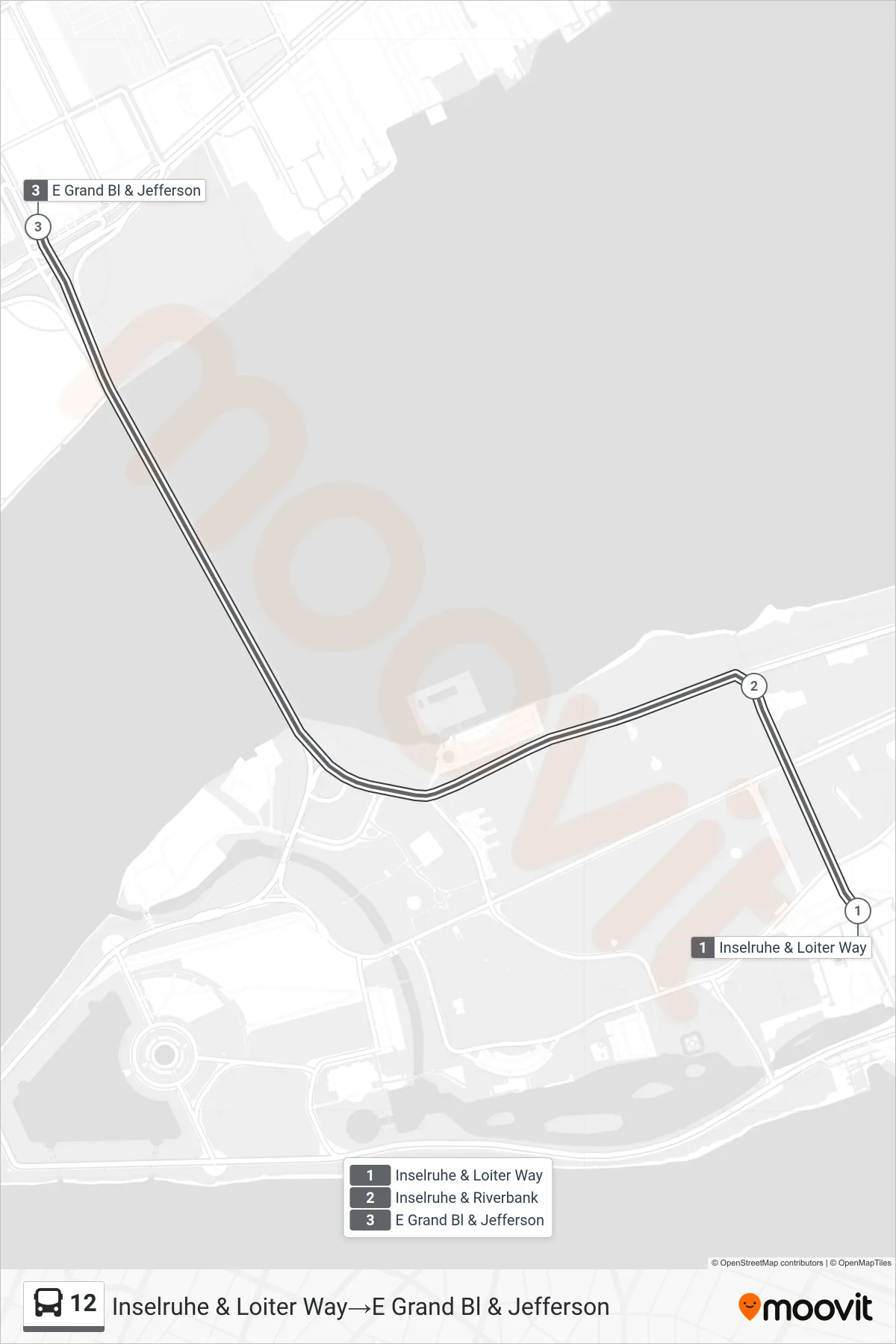 12 bus Line (Inselruhe & Loiter Way→E Grand Bl & Jefferson) route and stops on a map