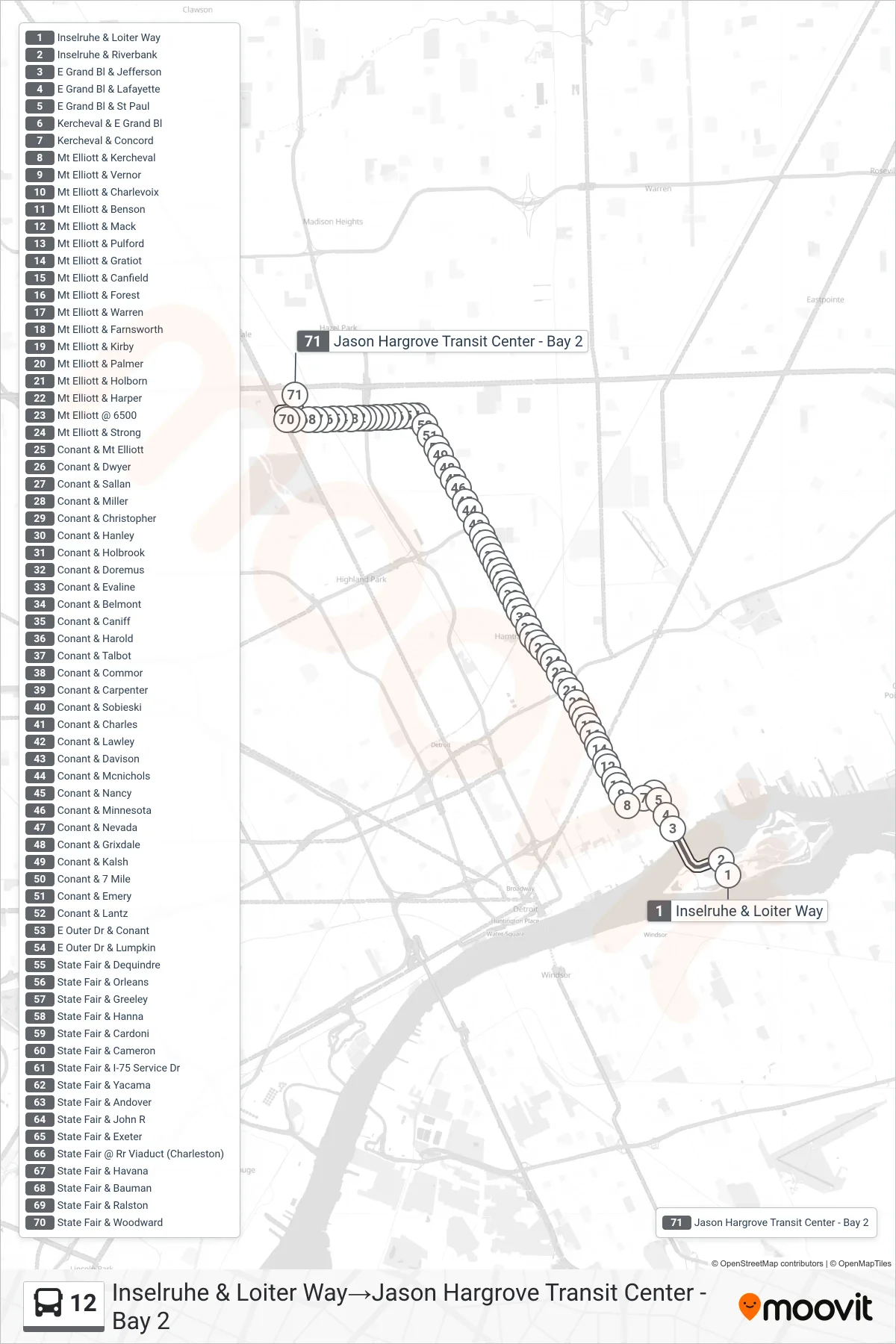 12 bus Line (Inselruhe & Loiter Way→Jason Hargrove Transit Center - Bay 2) route and stops on a map