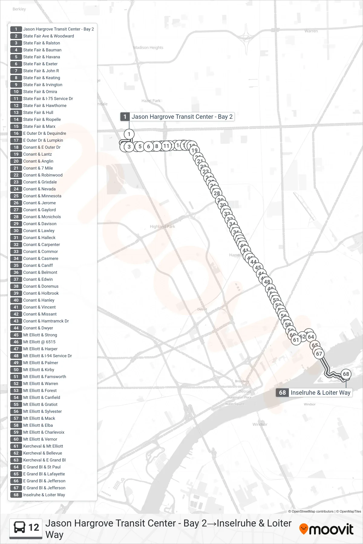 12 bus Line (Jason Hargrove Transit Center - Bay 2‎→Inselruhe & Loiter Way) route and stops on a map