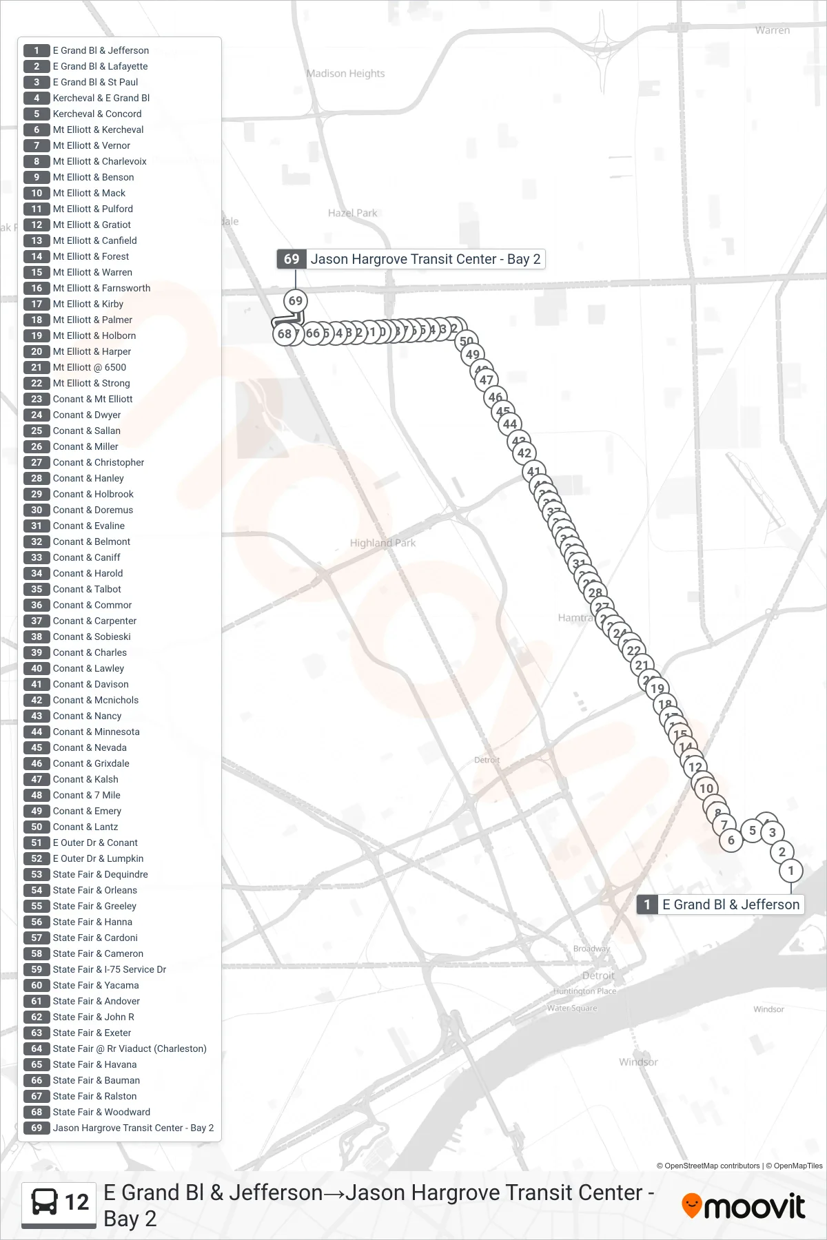 12 bus Line (E Grand Bl & Jefferson→Jason Hargrove Transit Center - Bay 2) route and stops on a map