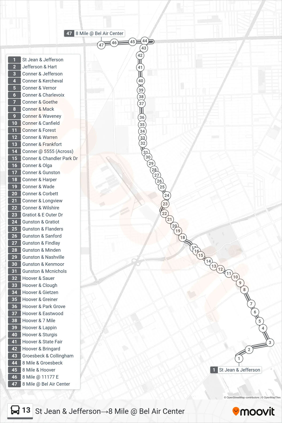 13 bus Line (St Jean & Jefferson‎→8 Mile @ Bel Air Center) route and stops on a map