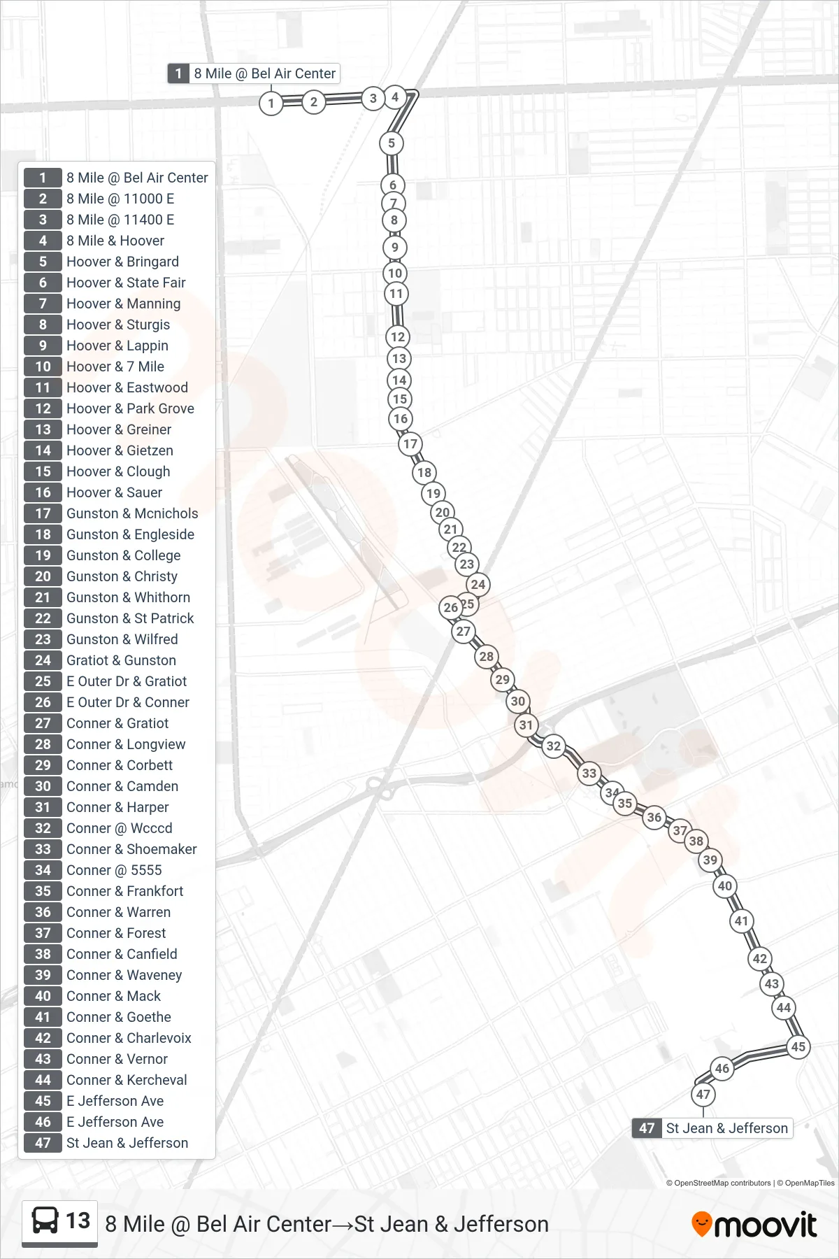 13 bus Line (8 Mile @ Bel Air Center→St Jean & Jefferson) route and stops on a map