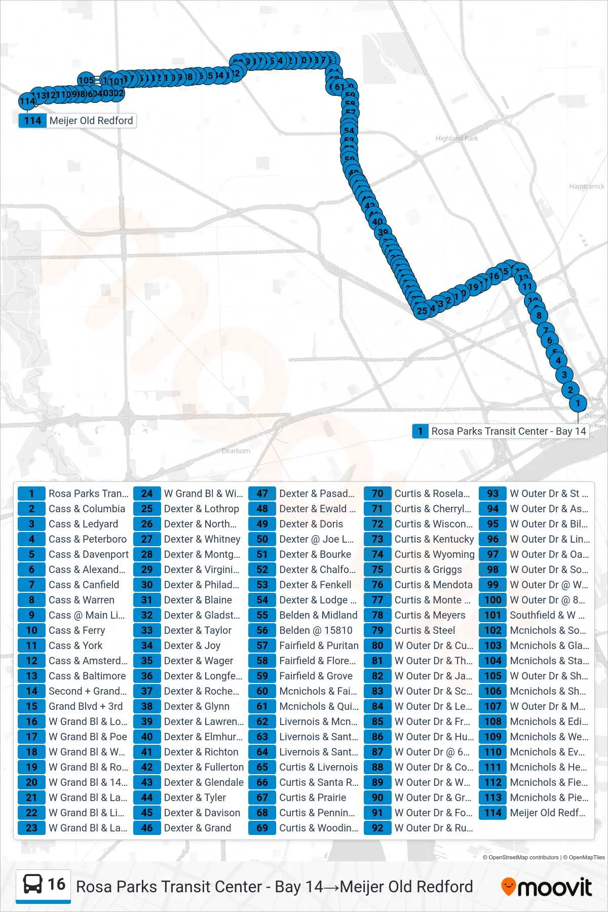 16 bus Line (Rosa Parks Transit Center - Bay 14→Meijer Old Redford) route and stops on a map