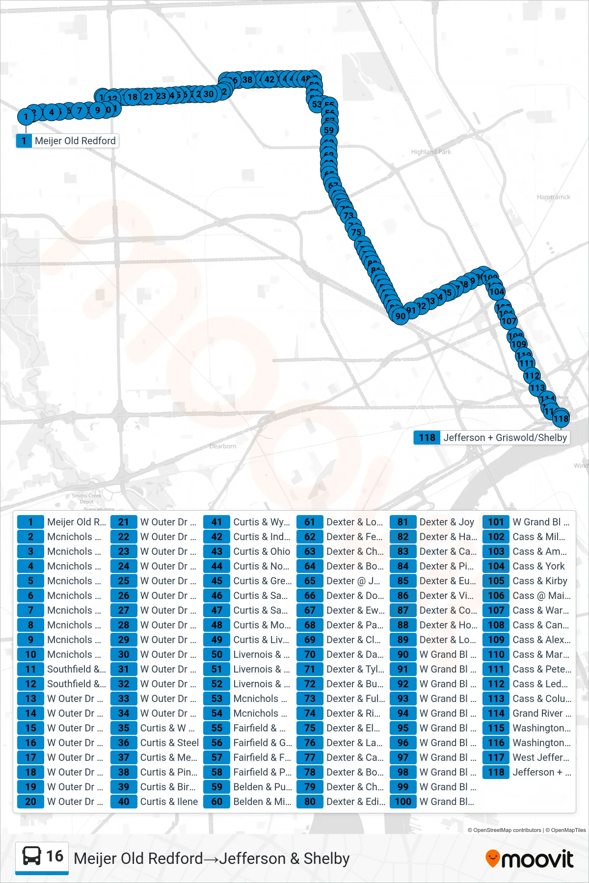 16 bus Line (Meijer Old Redford→Jefferson & Shelby) route and stops on a map