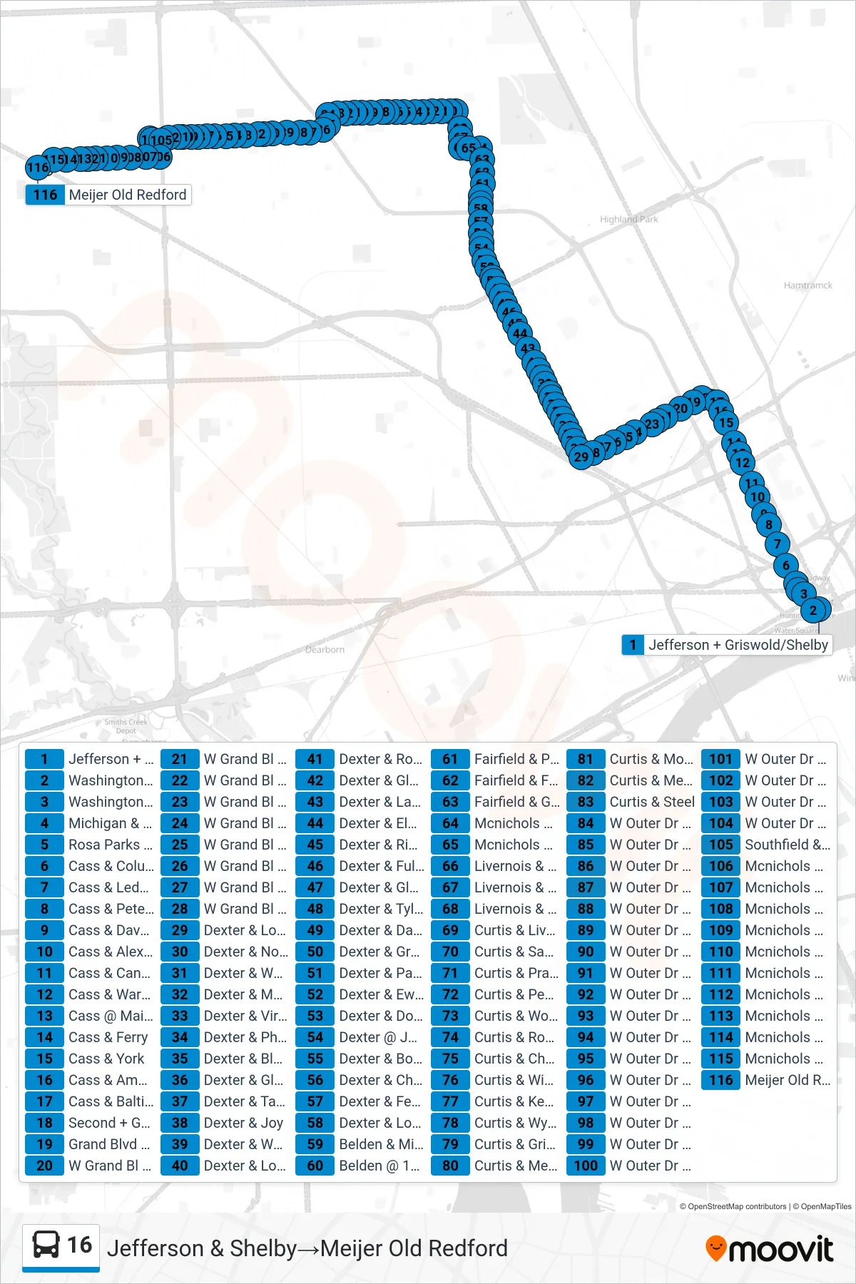 16 bus Line (Jefferson & Shelby→Meijer Old Redford) route and stops on a map