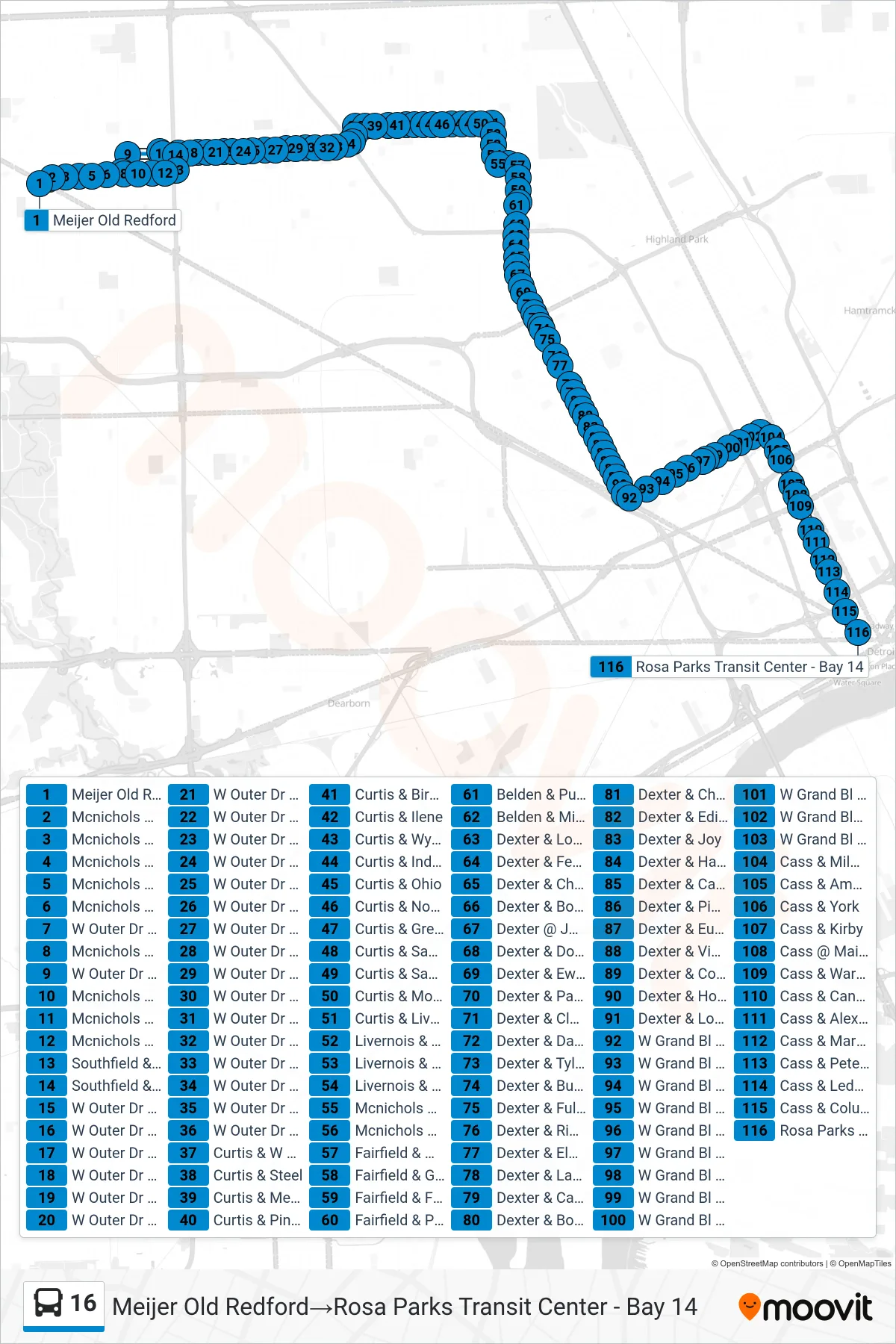 16 bus Line (Meijer Old Redford→Rosa Parks Transit Center - Bay 14) route and stops on a map