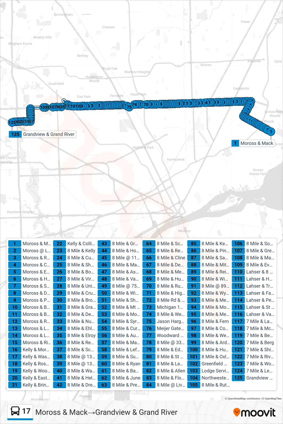 17 bus Line (Moross & Mack‎→Grandview & Grand River) route and stops on a map