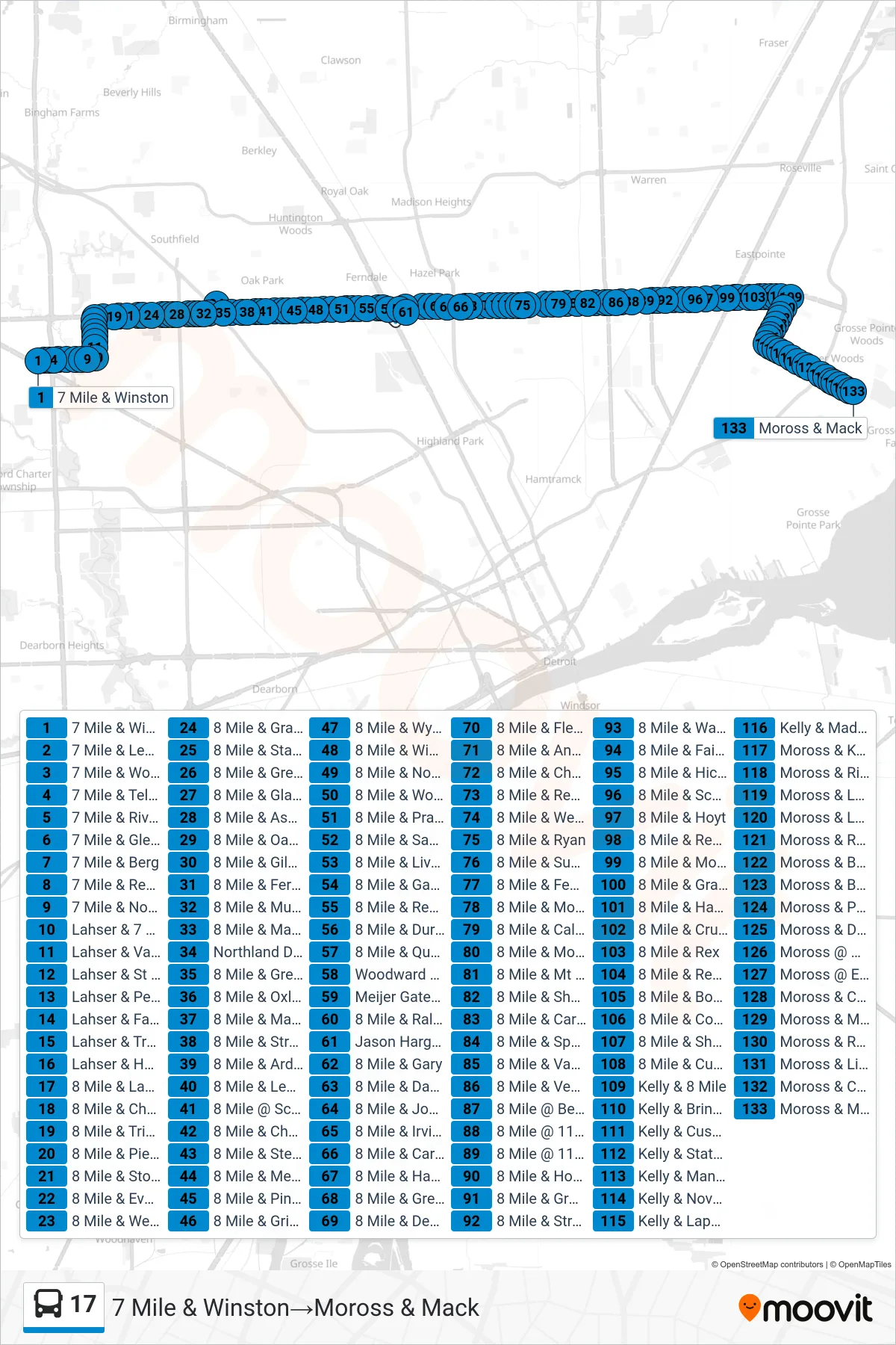 17 bus Line (7 Mile & Winston→Moross & Mack) route and stops on a map