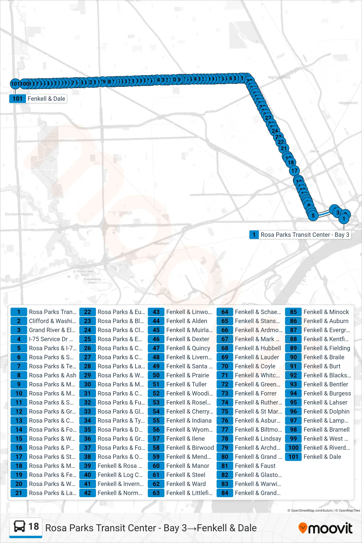 18 bus Line (Rosa Parks Transit Center - Bay 3‎→Fenkell & Dale) route and stops on a map