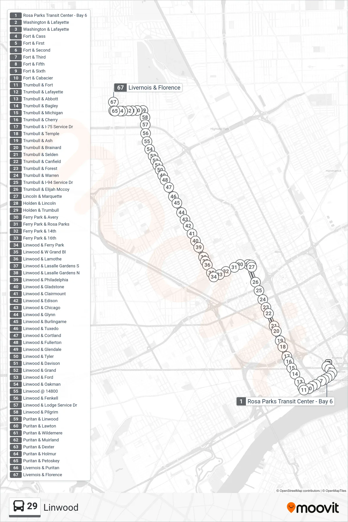 29 bus Line (Rosa Parks Transit Center - Bay 6→Livernois & Florence) route and stops on a map