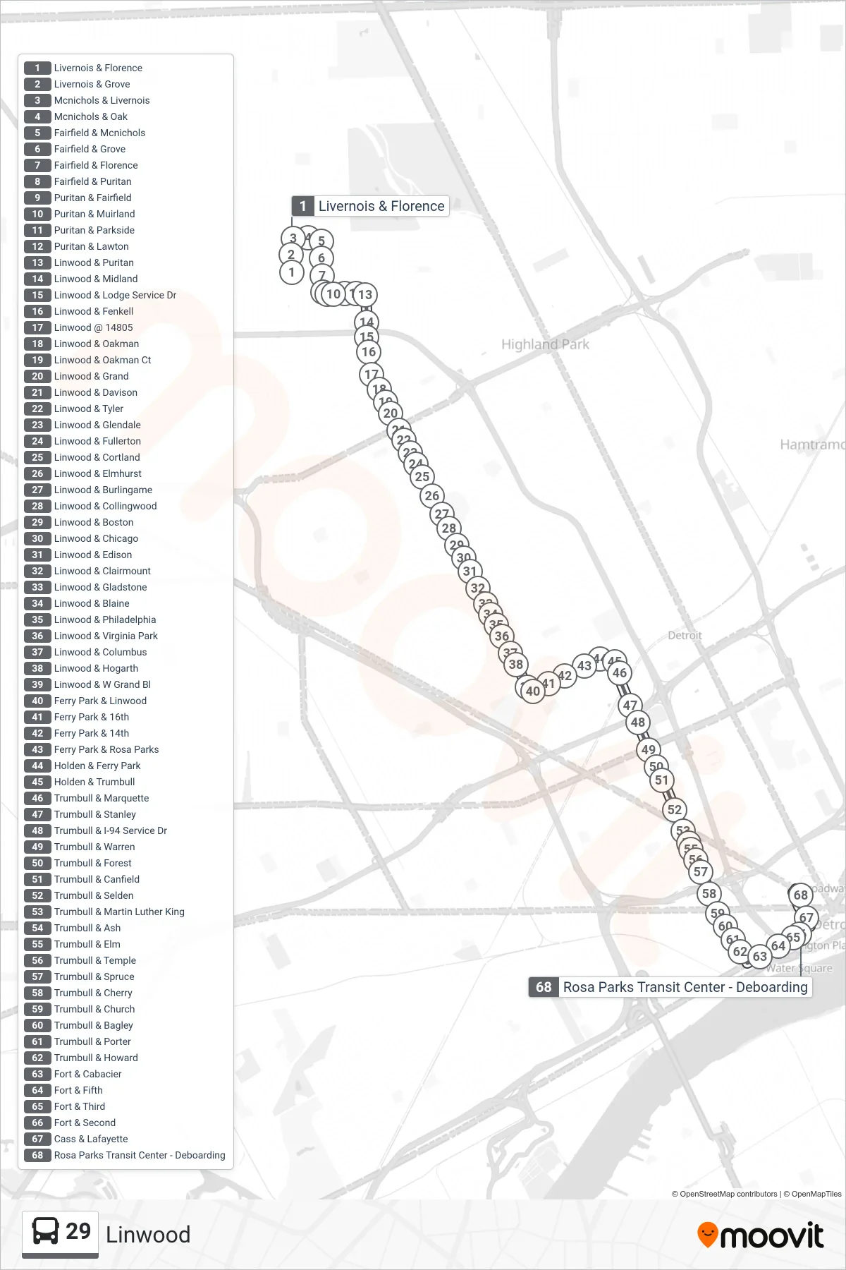 29 bus Line (Livernois & Florence→Rosa Parks Transit Center - Deboarding) route and stops on a map