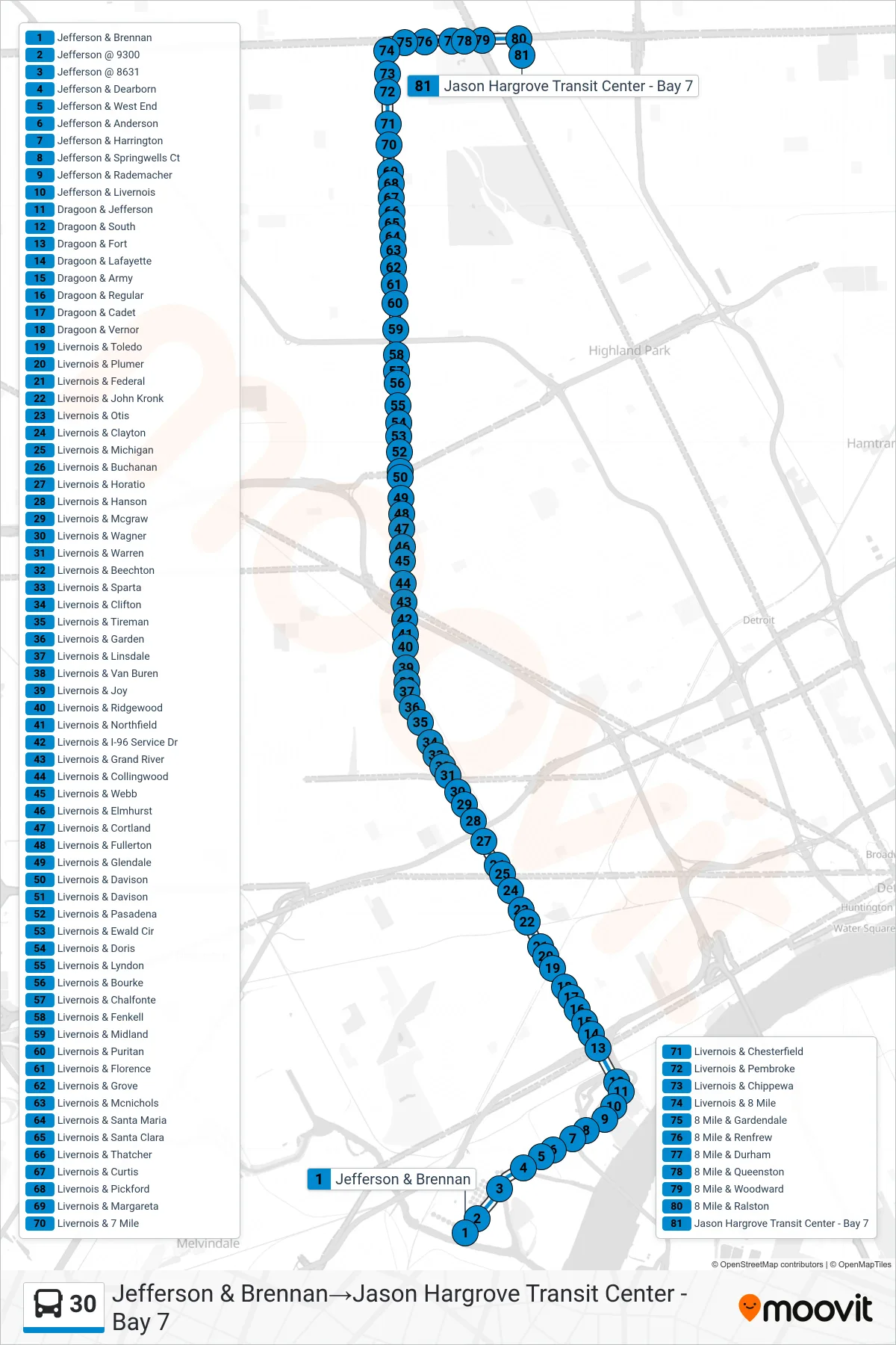 30 bus Line (Jefferson & Brennan→Jason Hargrove Transit Center - Bay 7) route and stops on a map