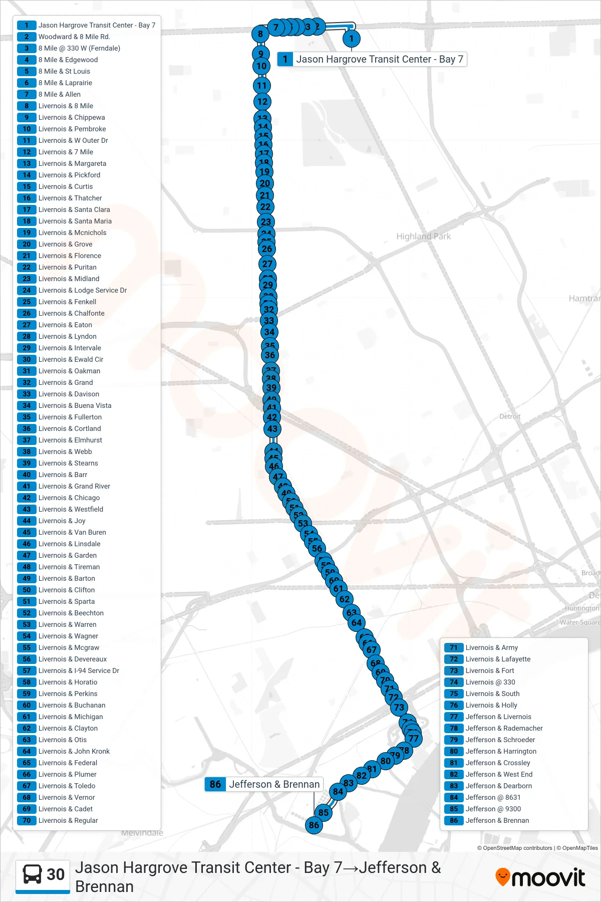 30 bus Line (Jason Hargrove Transit Center - Bay 7→Jefferson & Brennan) route and stops on a map