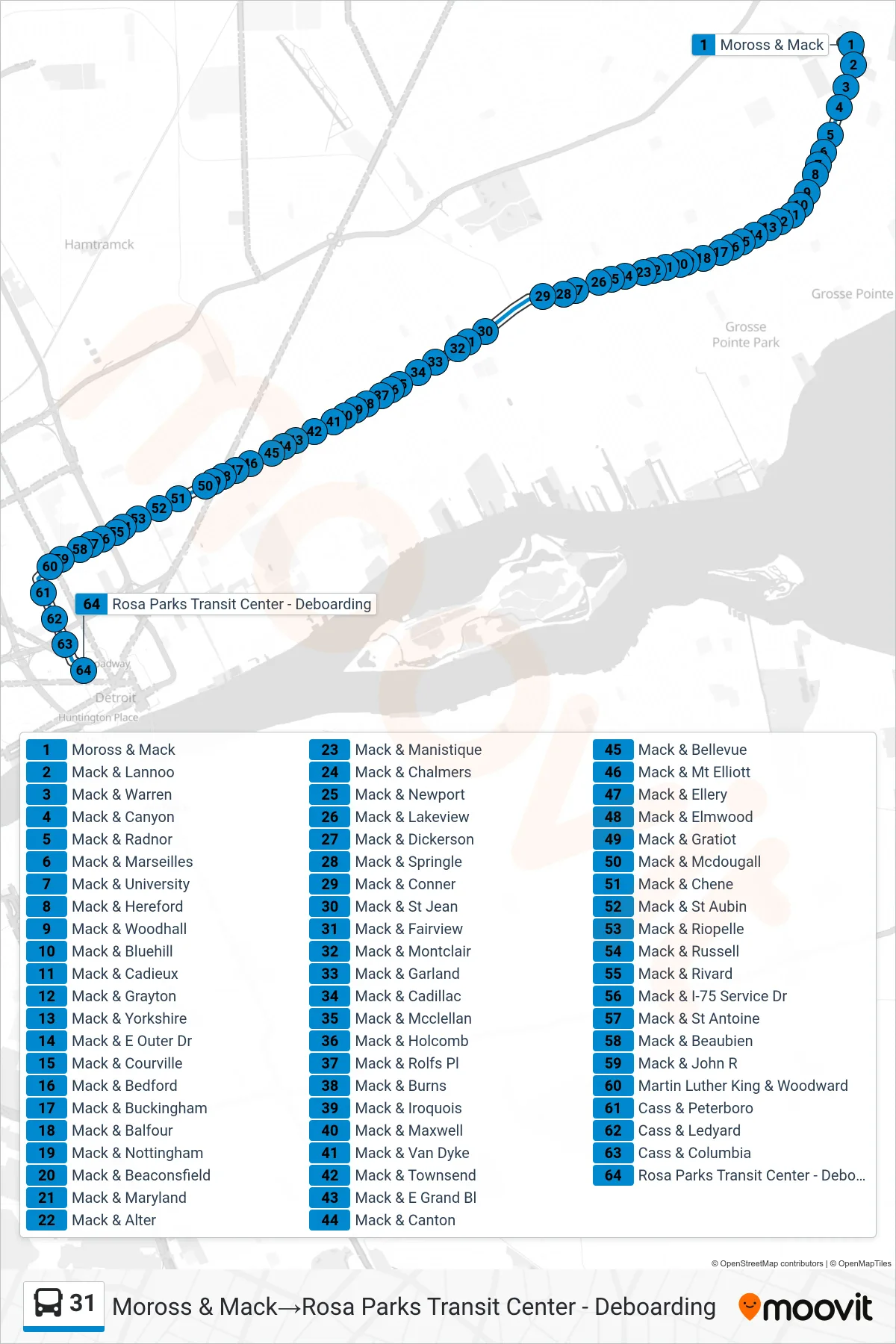 31 bus Line (Moross & Mack→Rosa Parks Transit Center - Deboarding) route and stops on a map