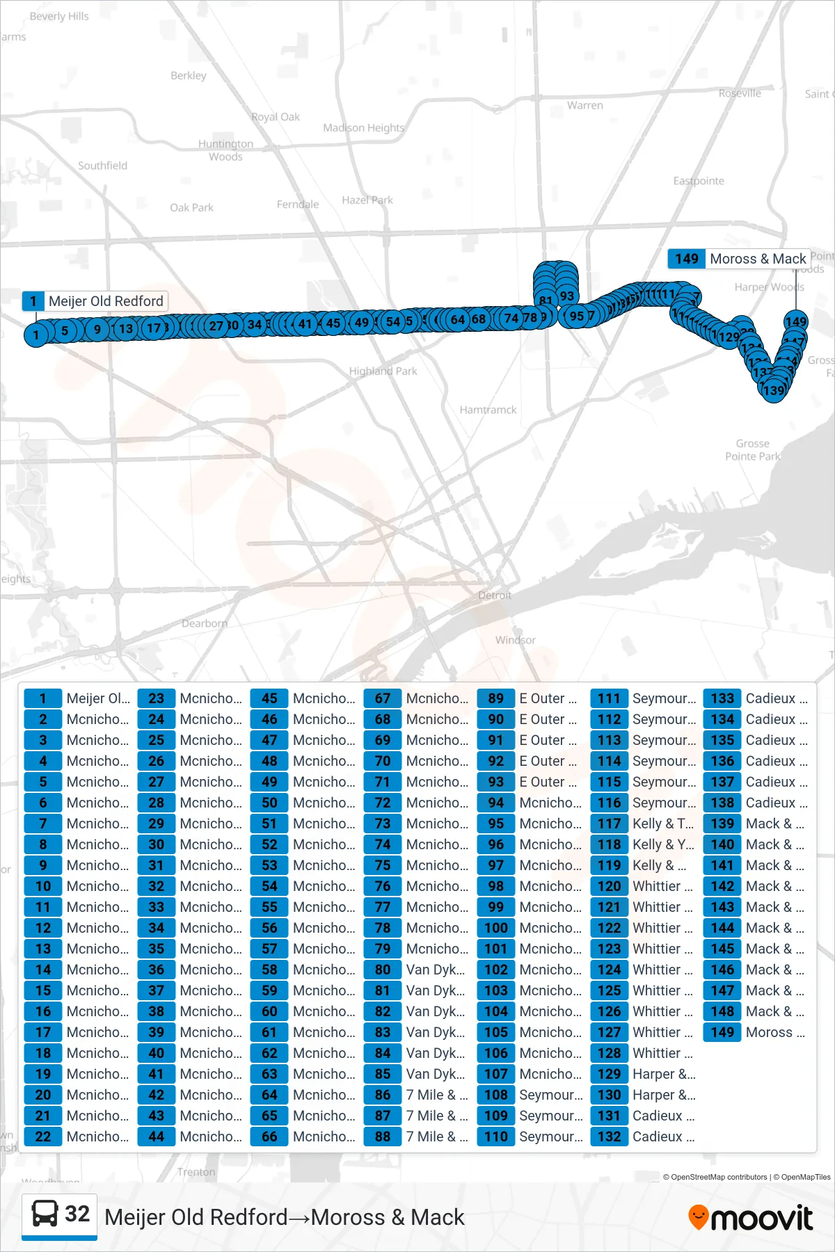 32 bus Line (Meijer Old Redford‎→Moross & Mack) route and stops on a map