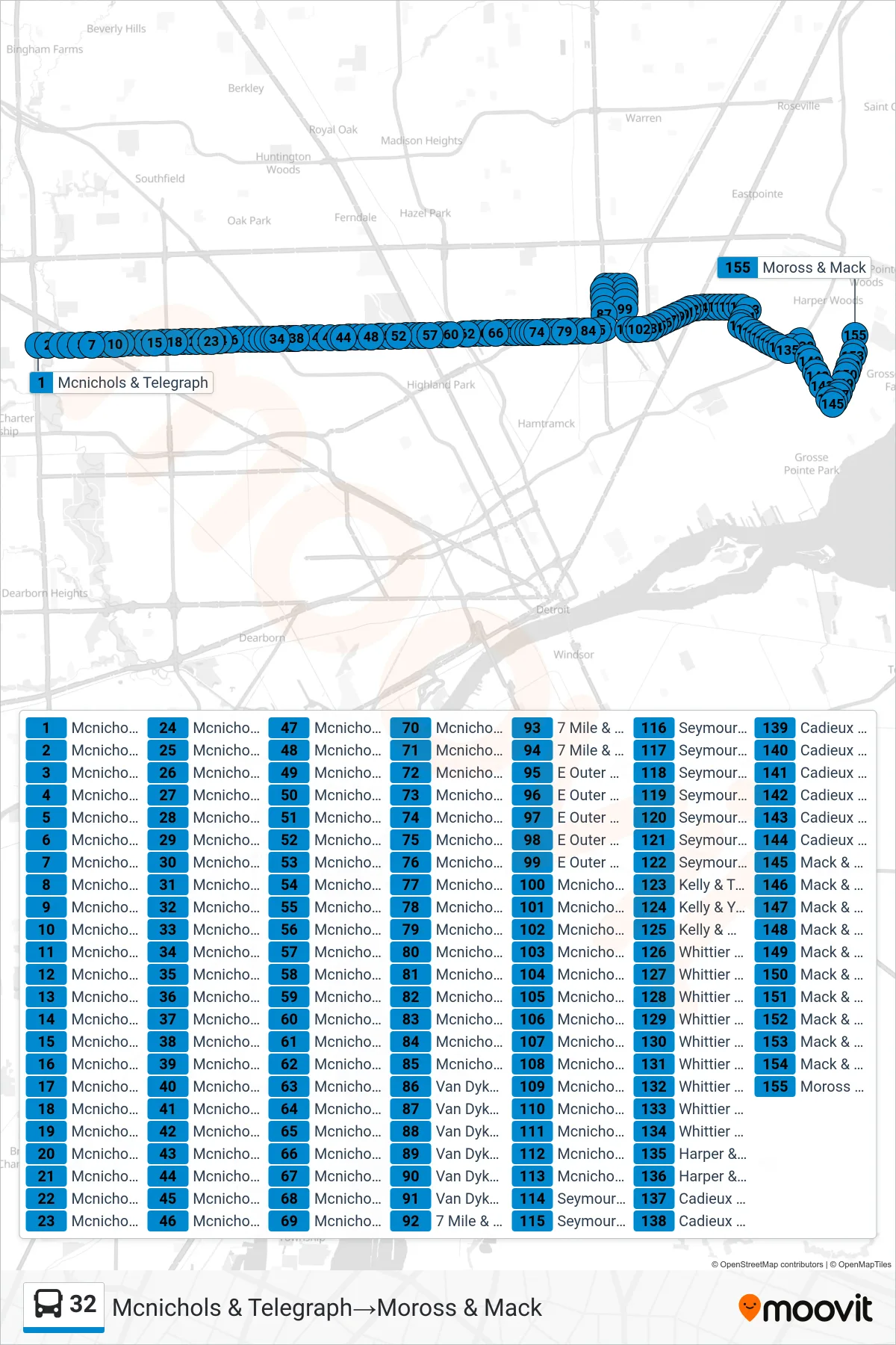 32 bus Line (Mcnichols & Telegraph→Moross & Mack) route and stops on a map