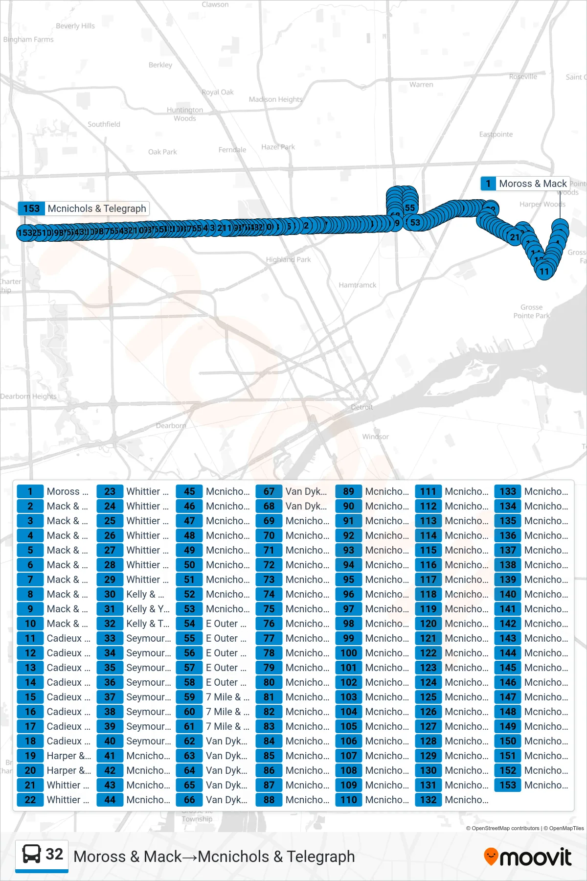 32 bus Line (Moross & Mack→Mcnichols & Telegraph) route and stops on a map