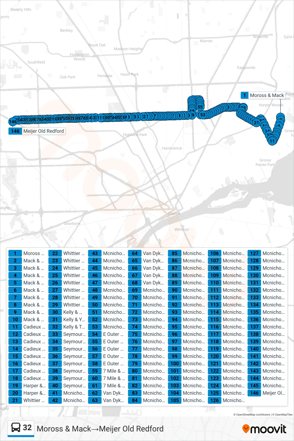 32 bus Line (Moross & Mack→Meijer Old Redford) route and stops on a map