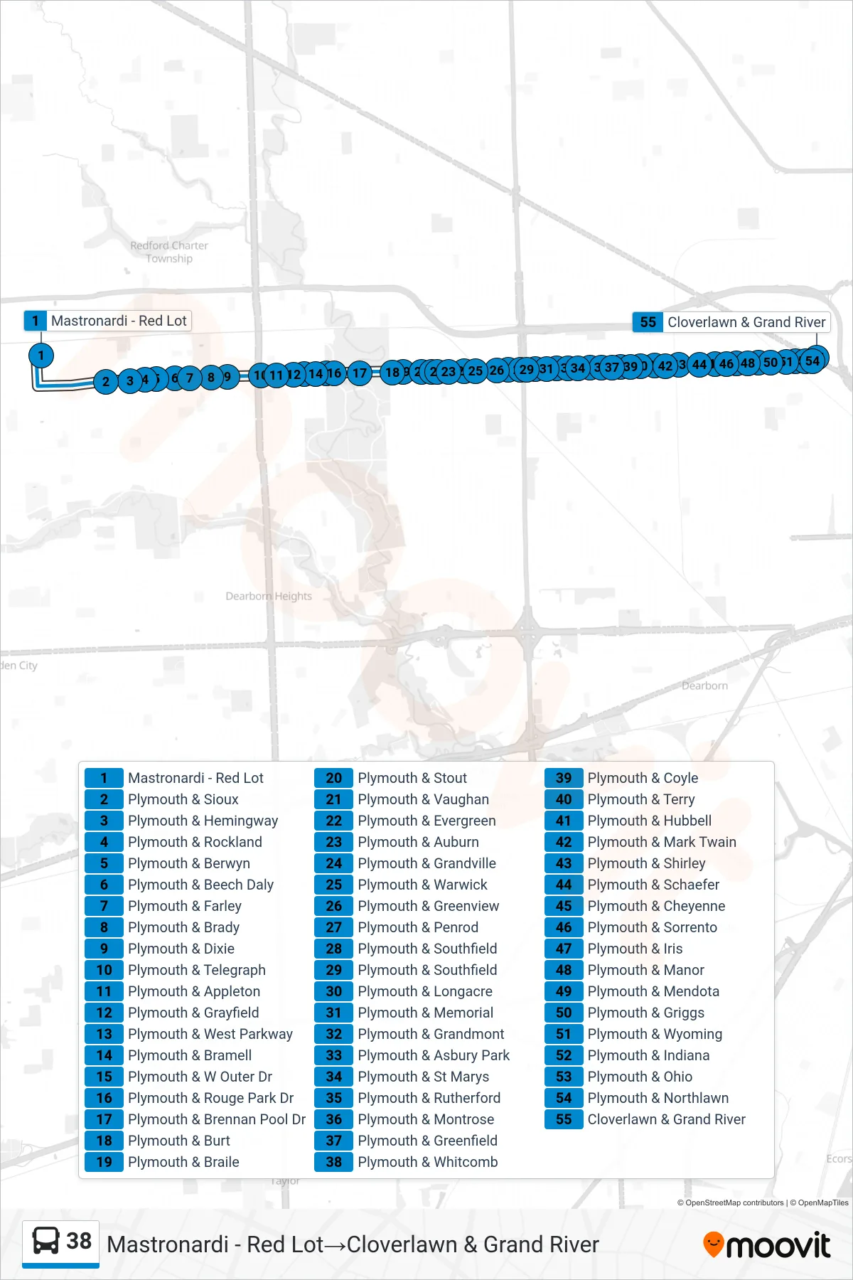 38 bus Line (Mastronardi - Red Lot→Cloverlawn & Grand River) route and stops on a map