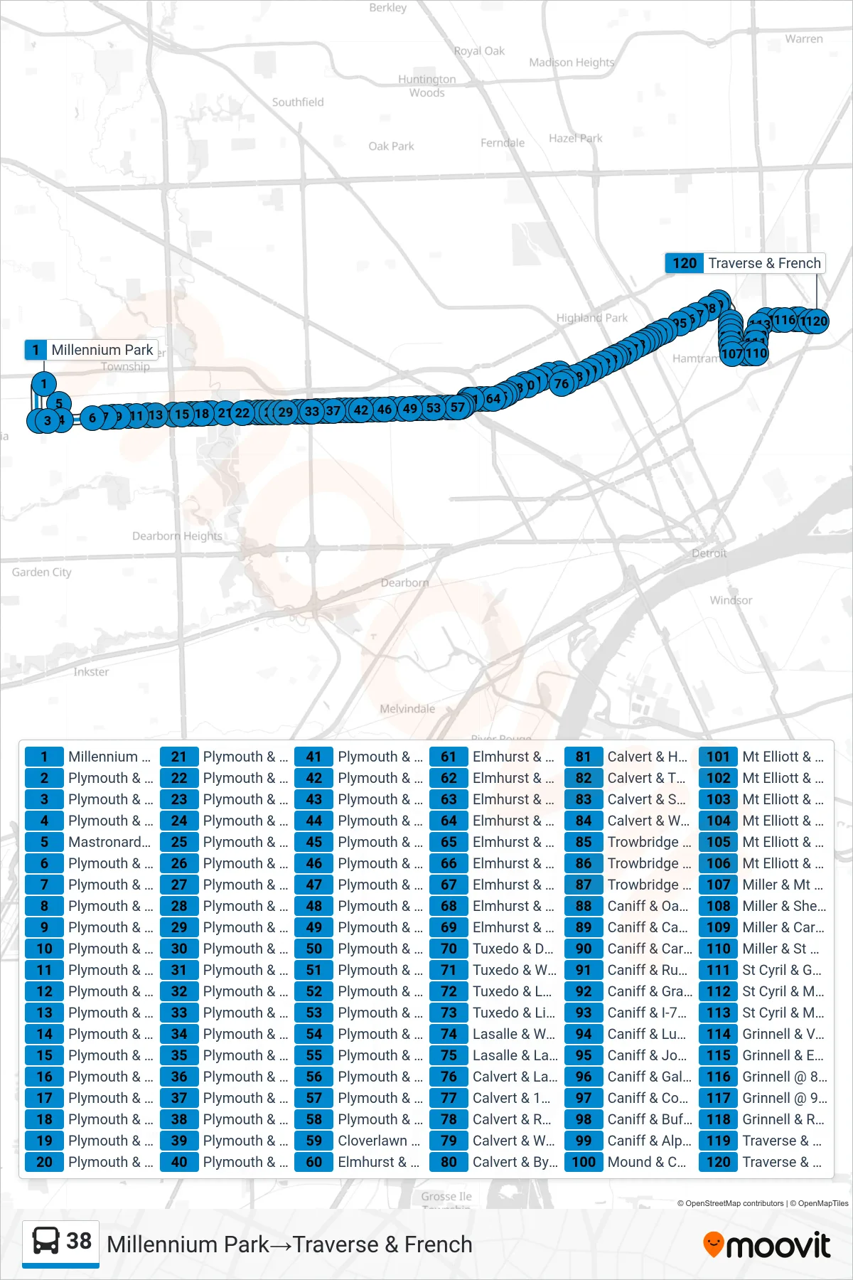 38 bus Line (Millennium Park→Traverse & French) route and stops on a map