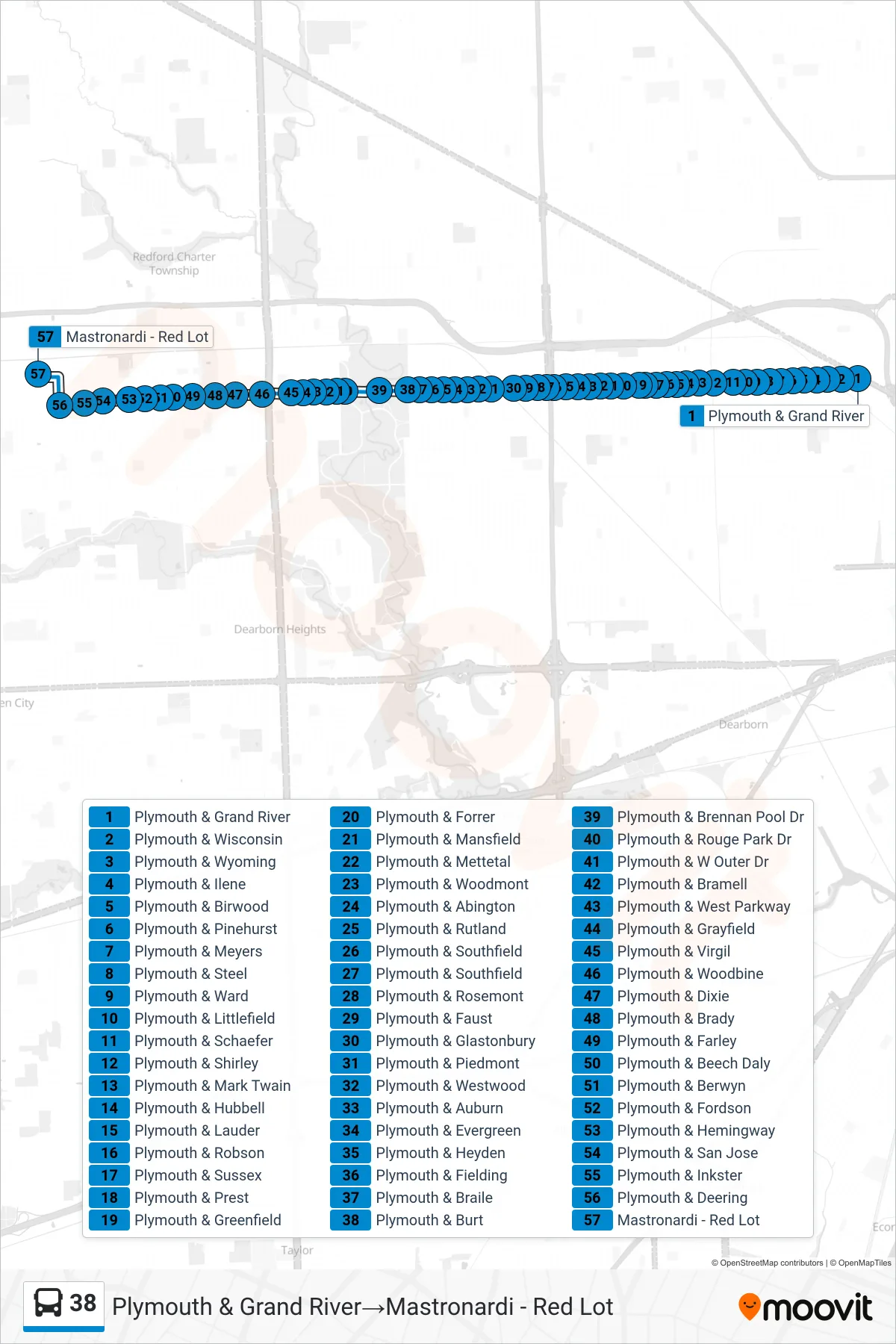38 bus Line (Plymouth & Grand River‎→Mastronardi - Red Lot) route and stops on a map