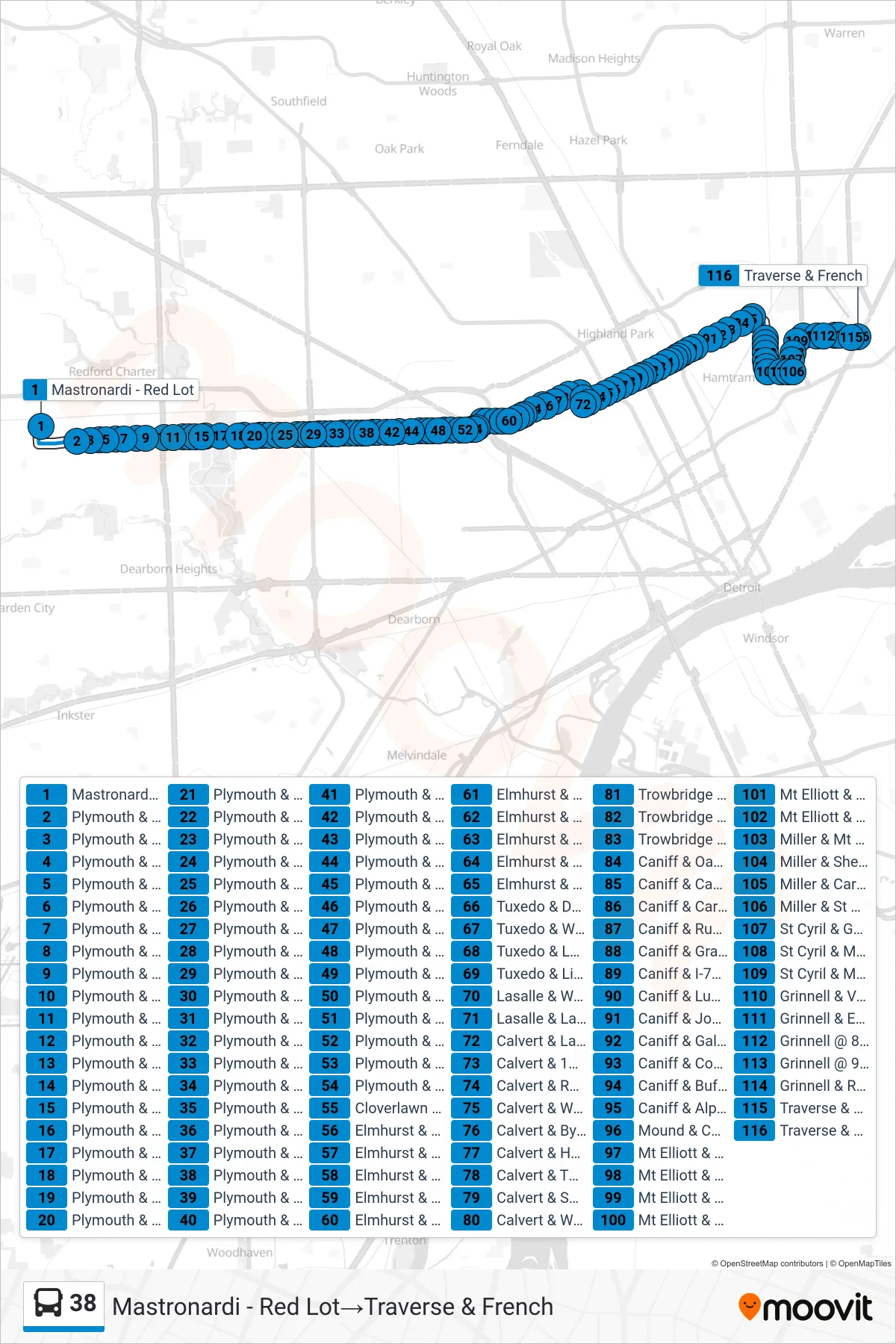 38 bus Line (Mastronardi - Red Lot→Traverse & French) route and stops on a map