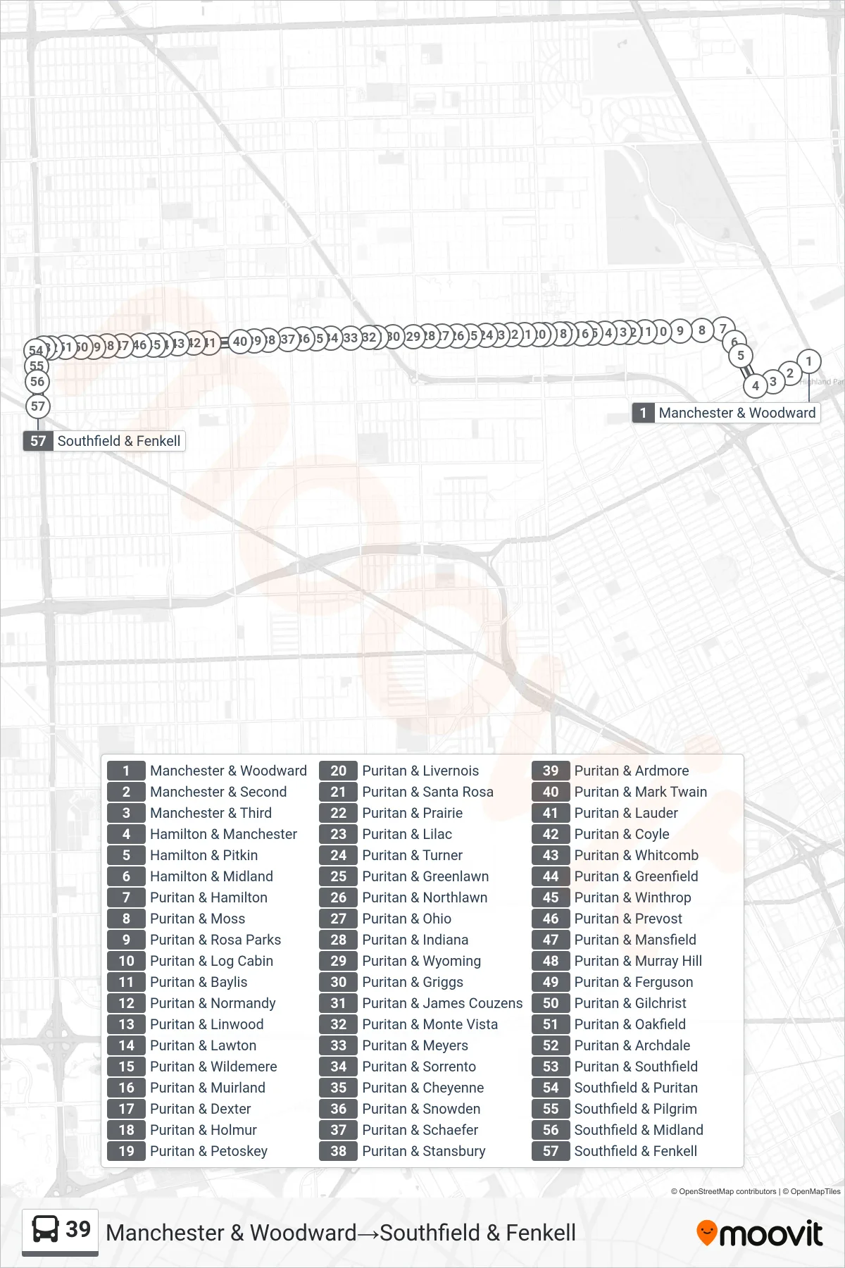 39 bus Line (Manchester & Woodward→Southfield & Fenkell) route and stops on a map