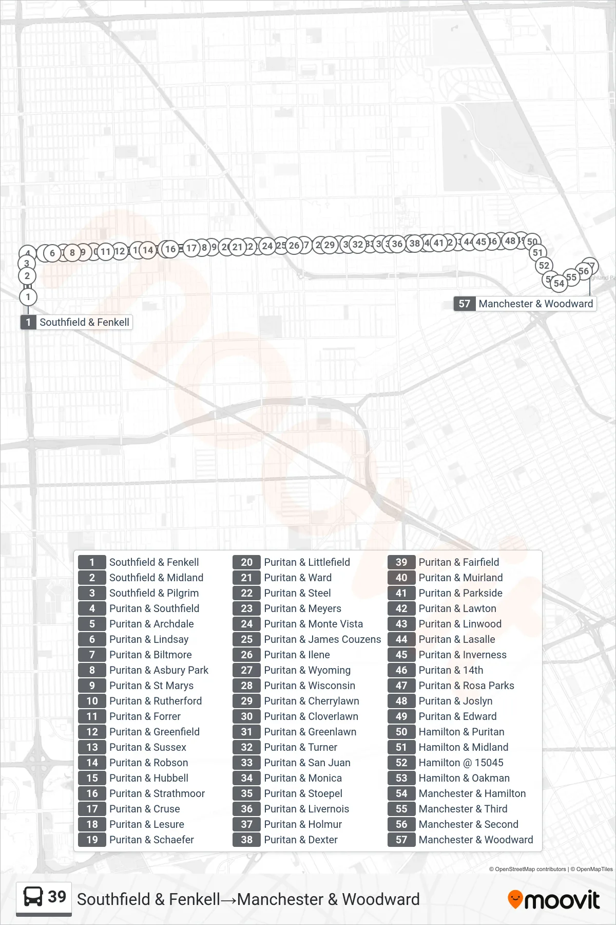 39 bus Line (Southfield & Fenkell→Manchester & Woodward) route and stops on a map