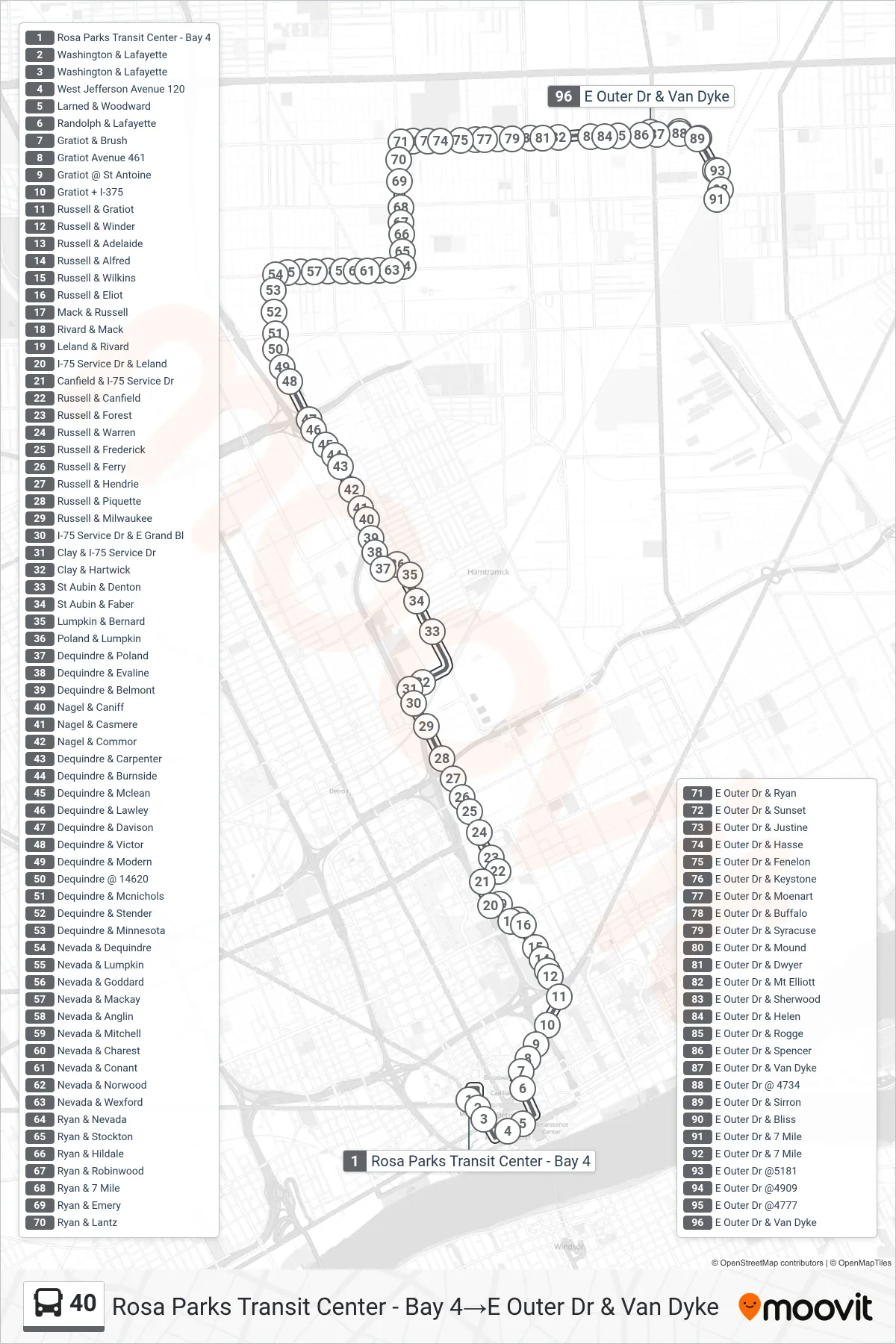 40 bus Line (Rosa Parks Transit Center - Bay 4→E Outer Dr & Van Dyke) route and stops on a map