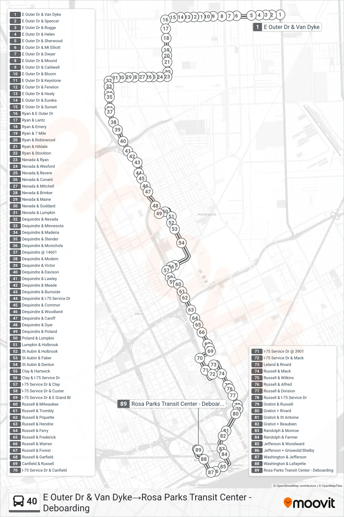 40 bus Line (E Outer Dr & Van Dyke→Rosa Parks Transit Center - Deboarding) route and stops on a map