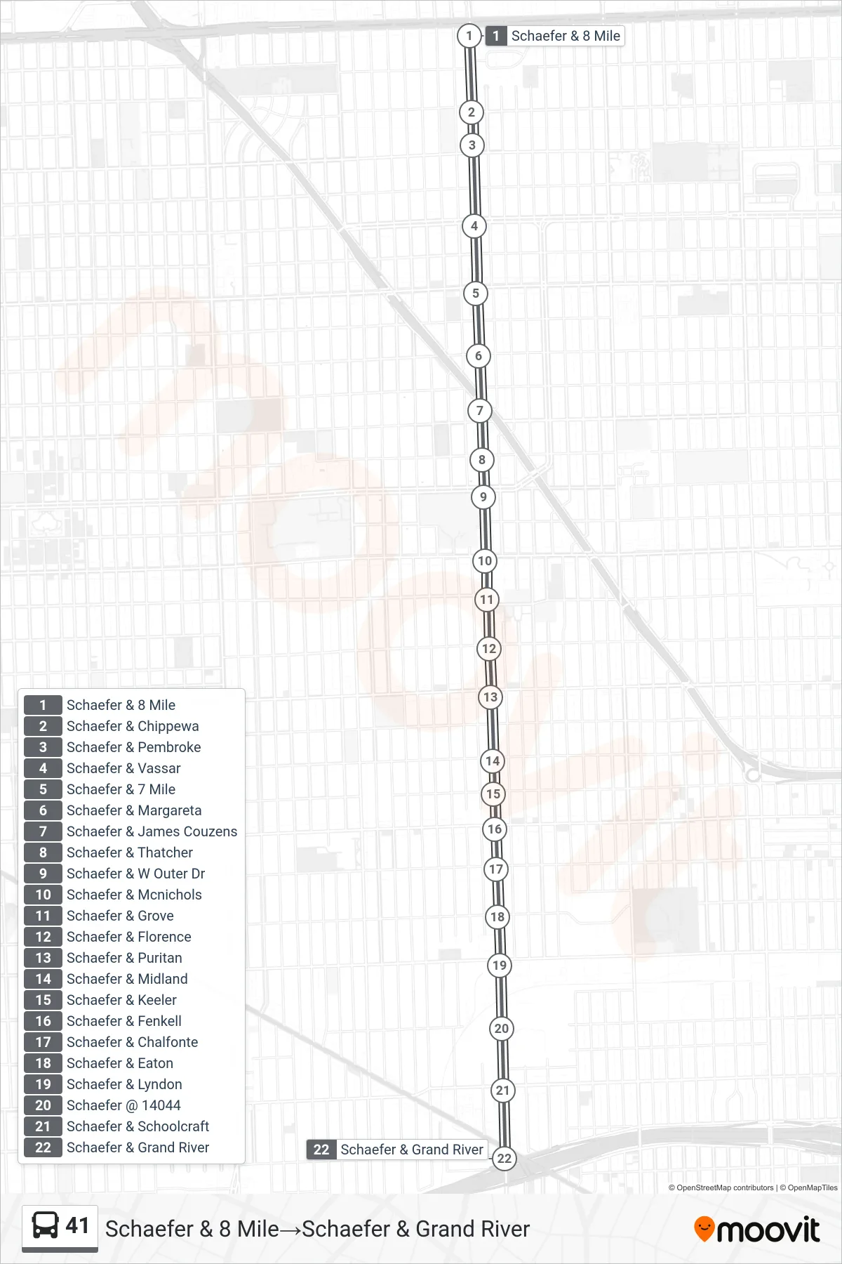 41 bus Line (Schaefer & 8 Mile‎→Schaefer & Grand River) route and stops on a map