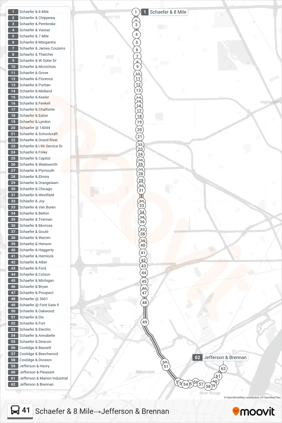 41 bus Line (Schaefer & 8 Mile‎→Jefferson & Brennan) route and stops on a map