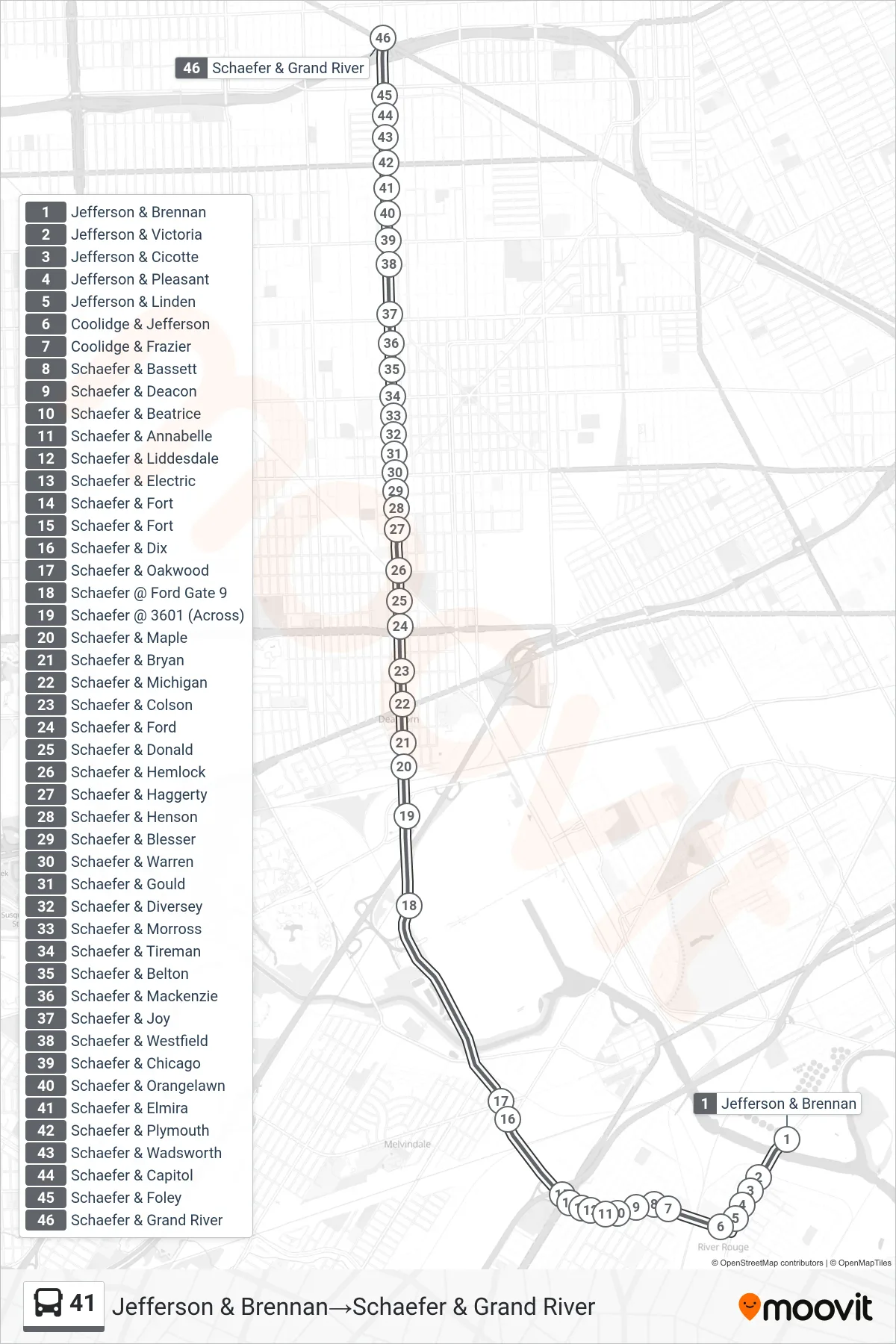 41 bus Line (Jefferson & Brennan→Schaefer & Grand River) route and stops on a map