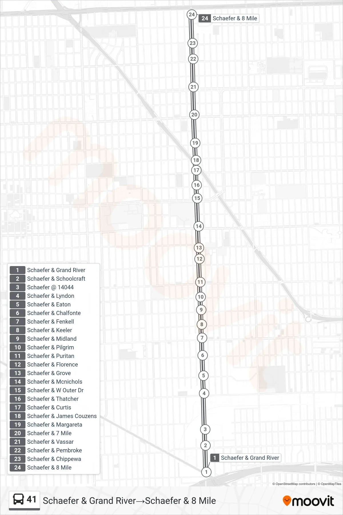 41 bus Line (Schaefer & Grand River→Schaefer & 8 Mile) route and stops on a map